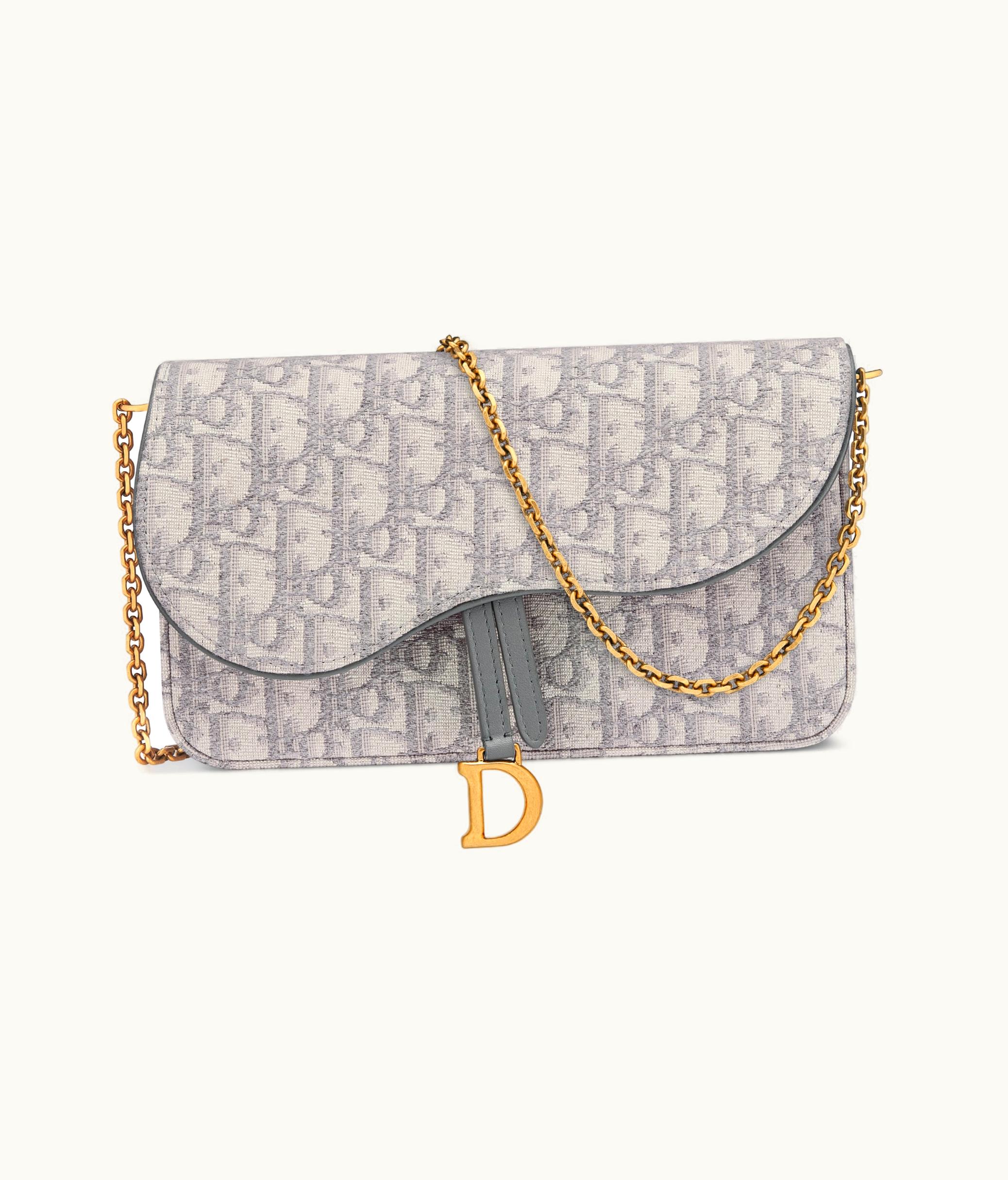 Dior Saddle Pouch With Chain - Gray Dior Oblique Jacquard