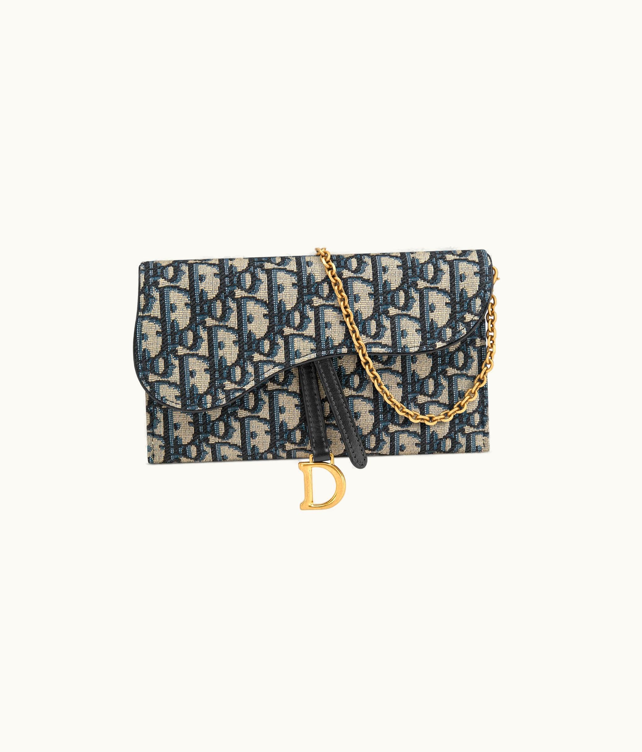 Dior Long Saddle Wallet With Chain - Blue Dior Oblique Jacquard