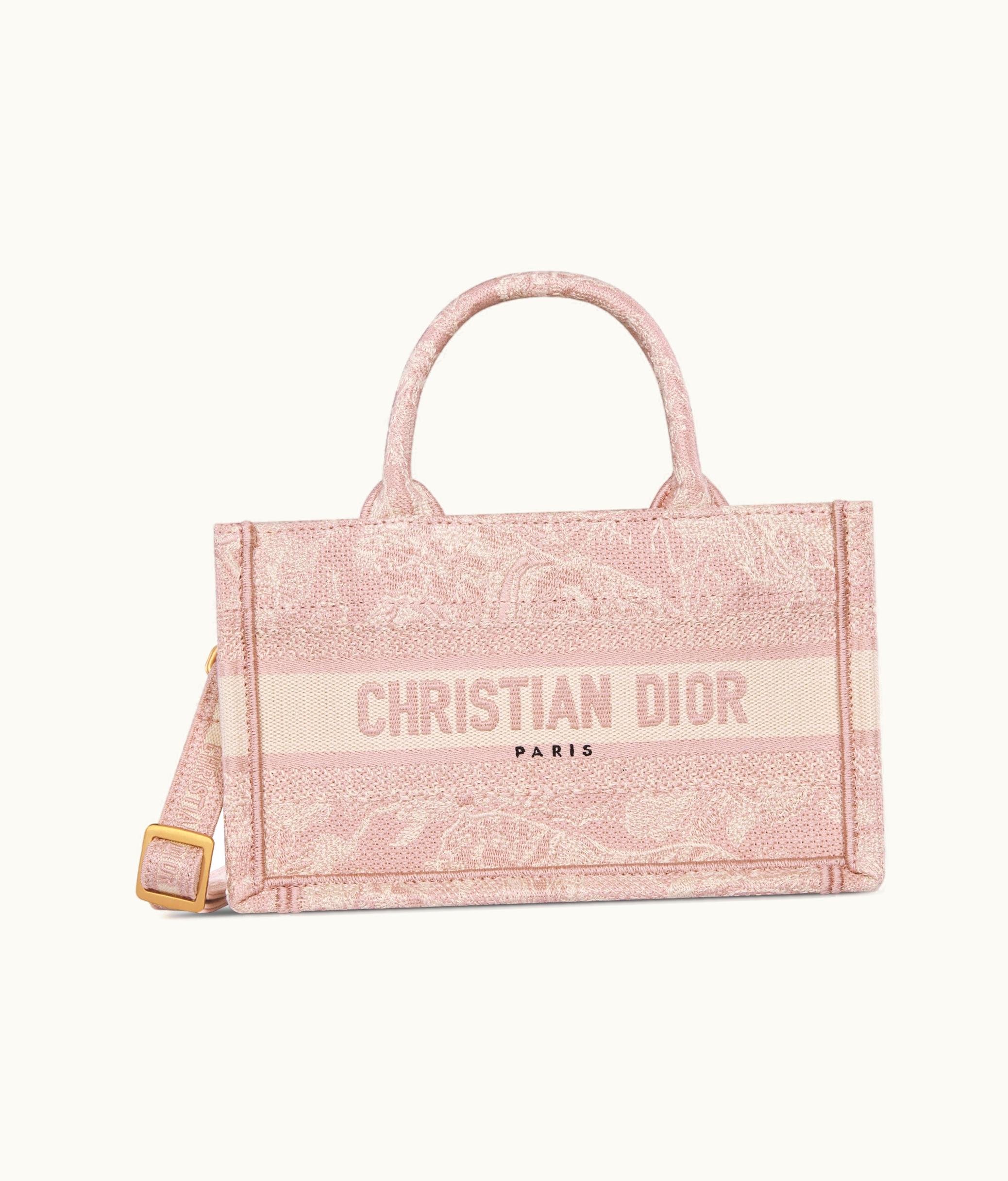 Dior Mini Dior Book Tote With Strap - Pink Toile De Jouy Reverse Embroidery (21.5 X 13 X 7.5 CM)