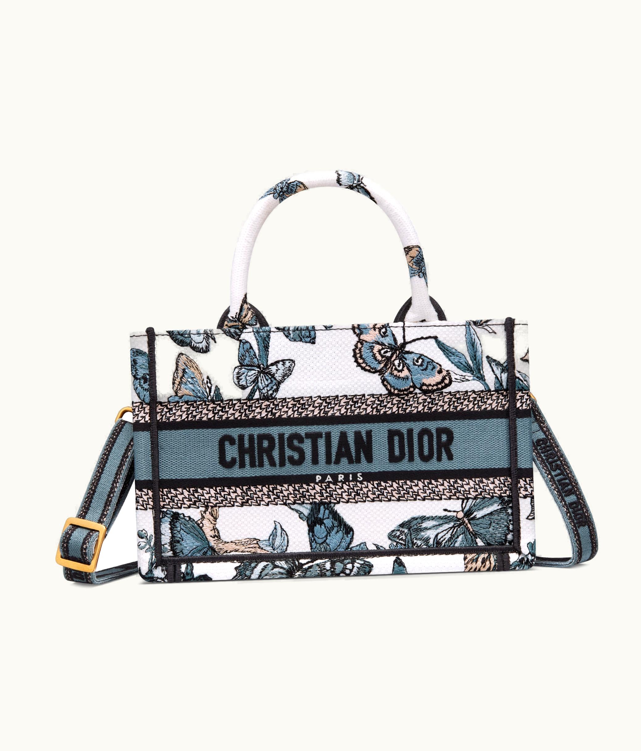Dior Mini Dior Book Tote With Strap - White And Pastel Midnight Blue Toile De Jouy Mexico Embroidery (21.5 X 13 X 7.5 CM)