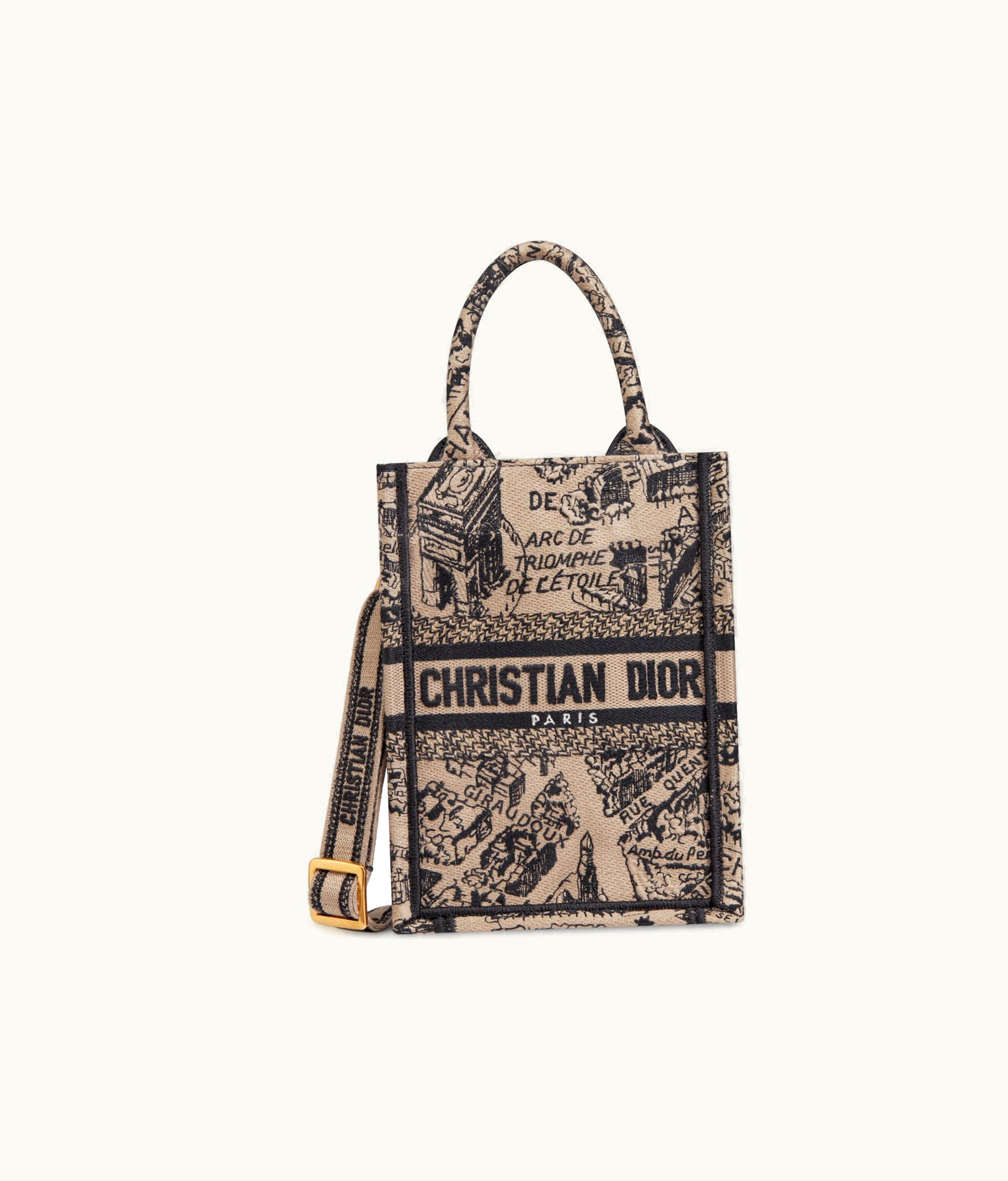 Dior Mini Vertical Dior Book Tote With Strap - Beige And Black Plan De Paris Embroidery (13 X 18 X 5 CM)