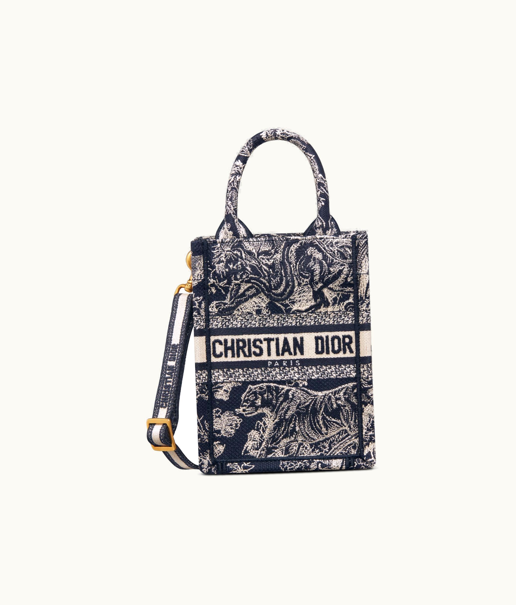 Dior Mini Vertical Dior Book Tote With Strap - Blue Toile De Jouy Reverse Embroidery (13 X 18 X 5 CM)