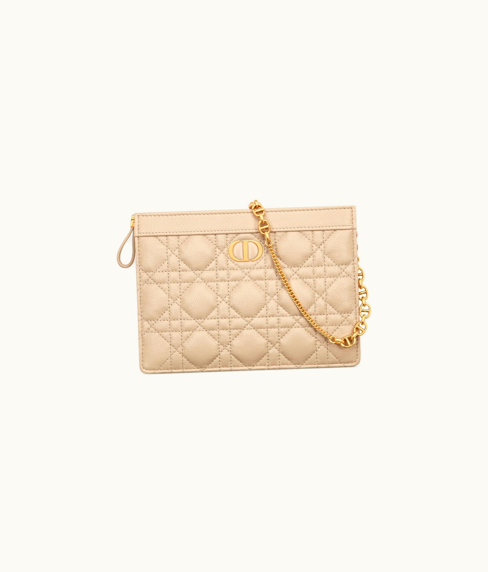 Dior Dior Caro Zipped Pouch With Chain - Sand-Colored Supple Cannage Calfskin