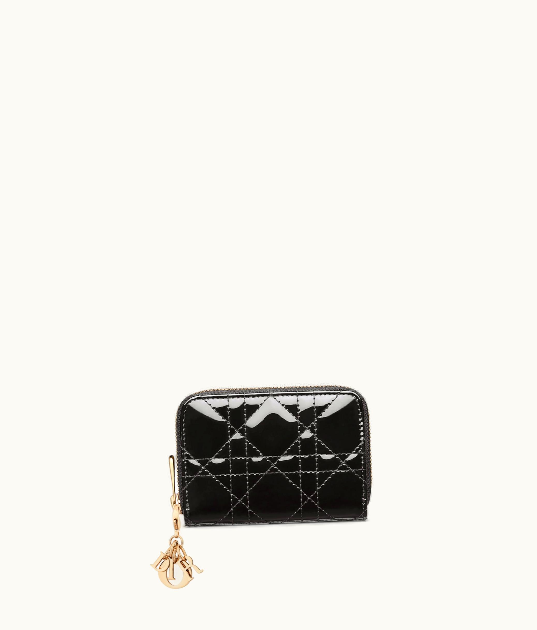 Dior Lady Dior Voyageur Small Coin Purse - Black Patent Cannage Calfskin