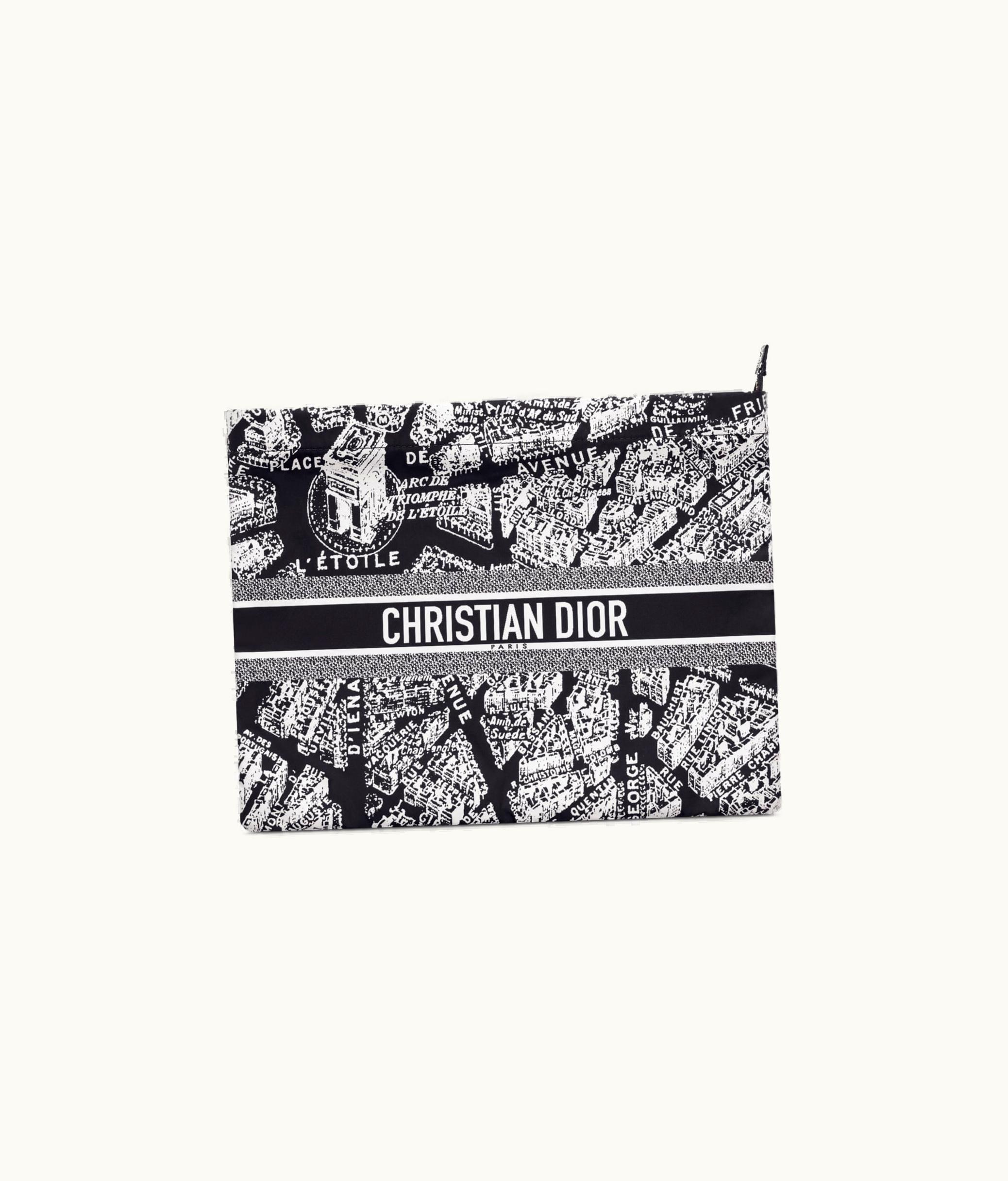 Dior Diortravel Zipped Pouch - Black And White Technical Fabric With Plan De Paris Motif