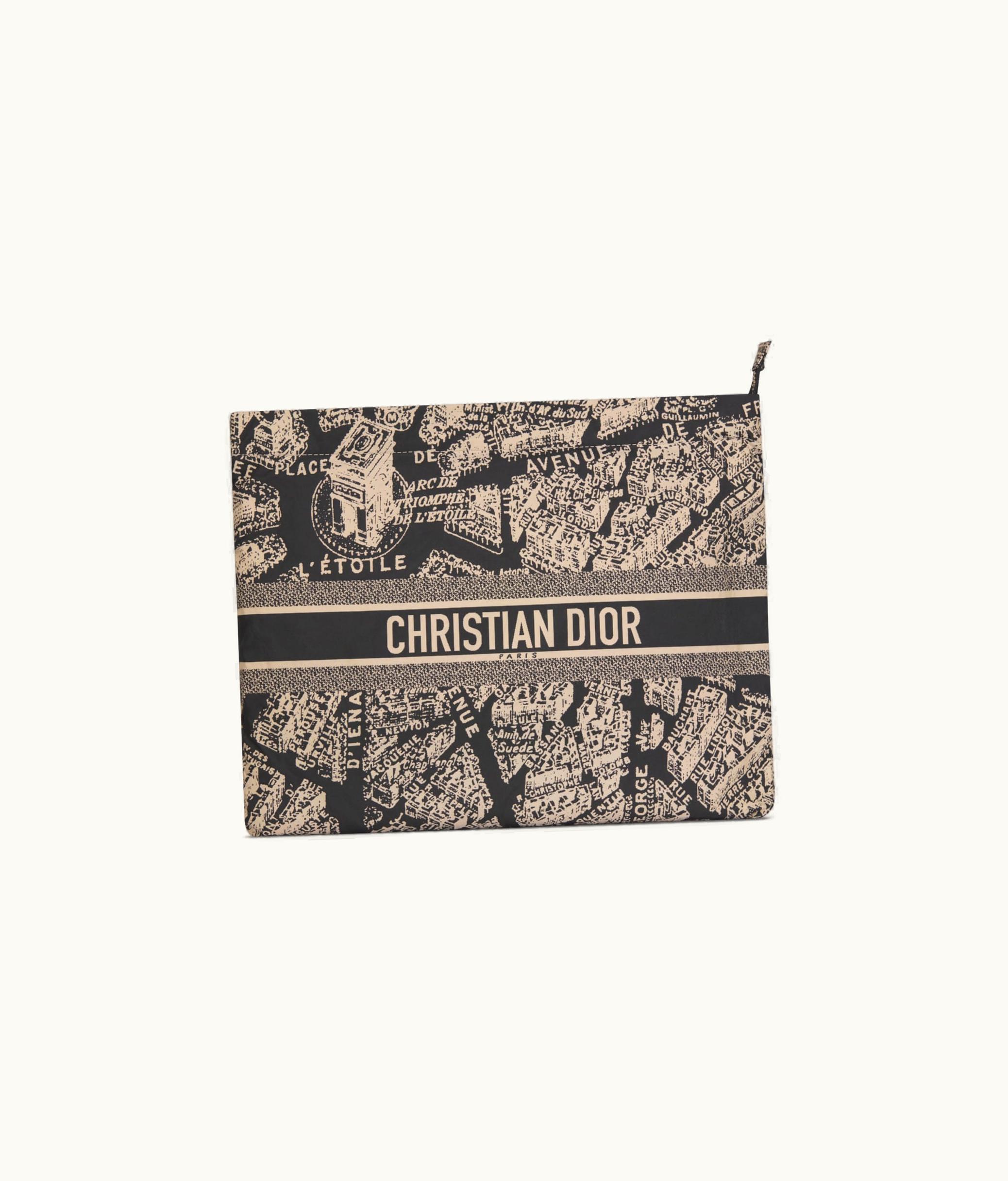 Dior Diortravel Zipped Pouch - Black And Beige Technical Fabric With Plan De Paris Motif