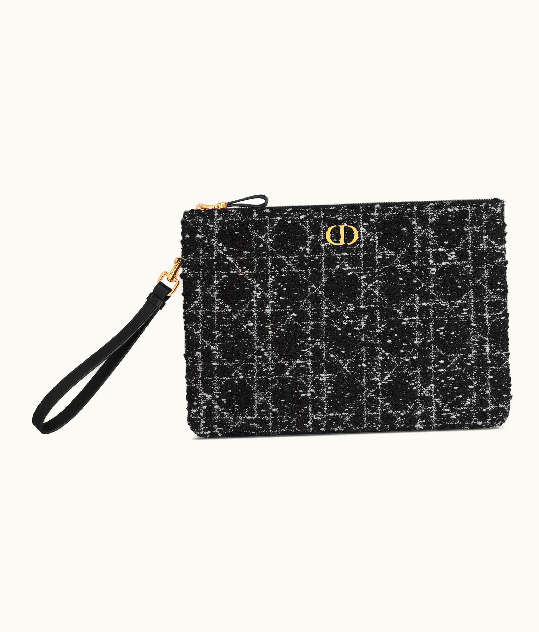 Dior Large Dior Caro Daily Pouch - Black Cannage Tweed Embroidery