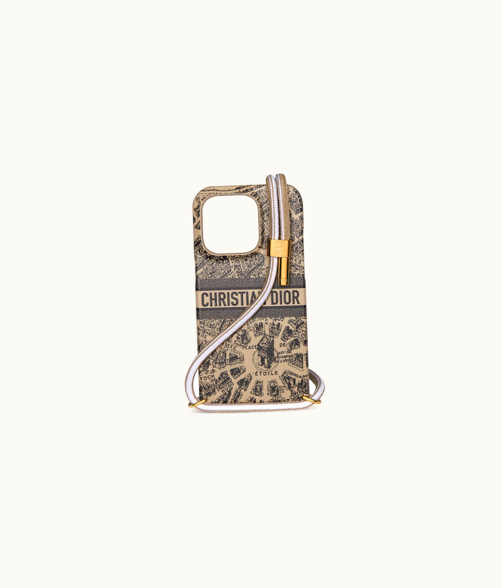 Dior Diortravel Cover For Iphone 14 Pro With Cord - Beige And Black Plan De Paris Printed Calfskin