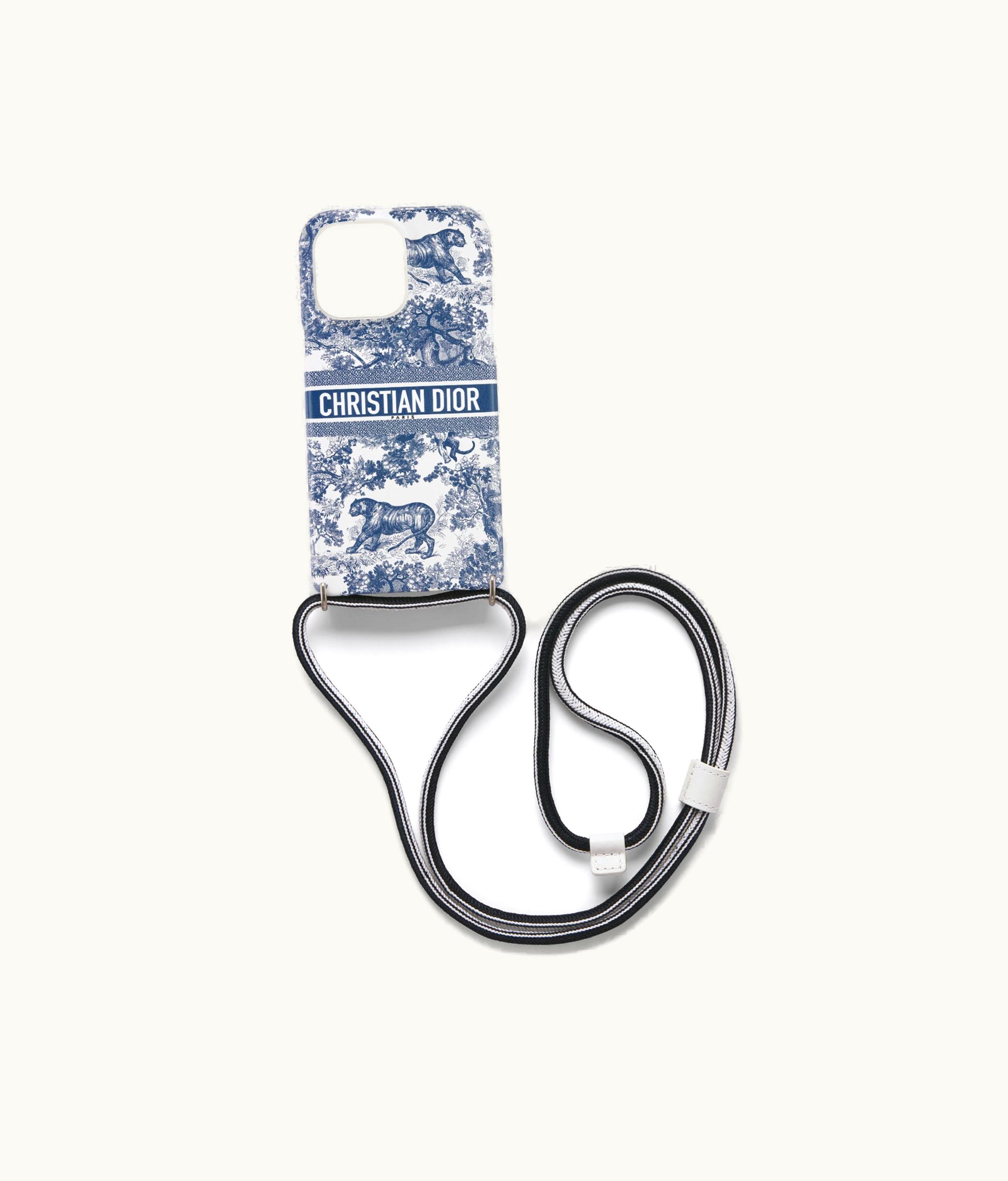 Dior Diortravel Cover For Iphone 14 Pro Max With Cord - Blue Toile De Jouy Smooth Calfskin