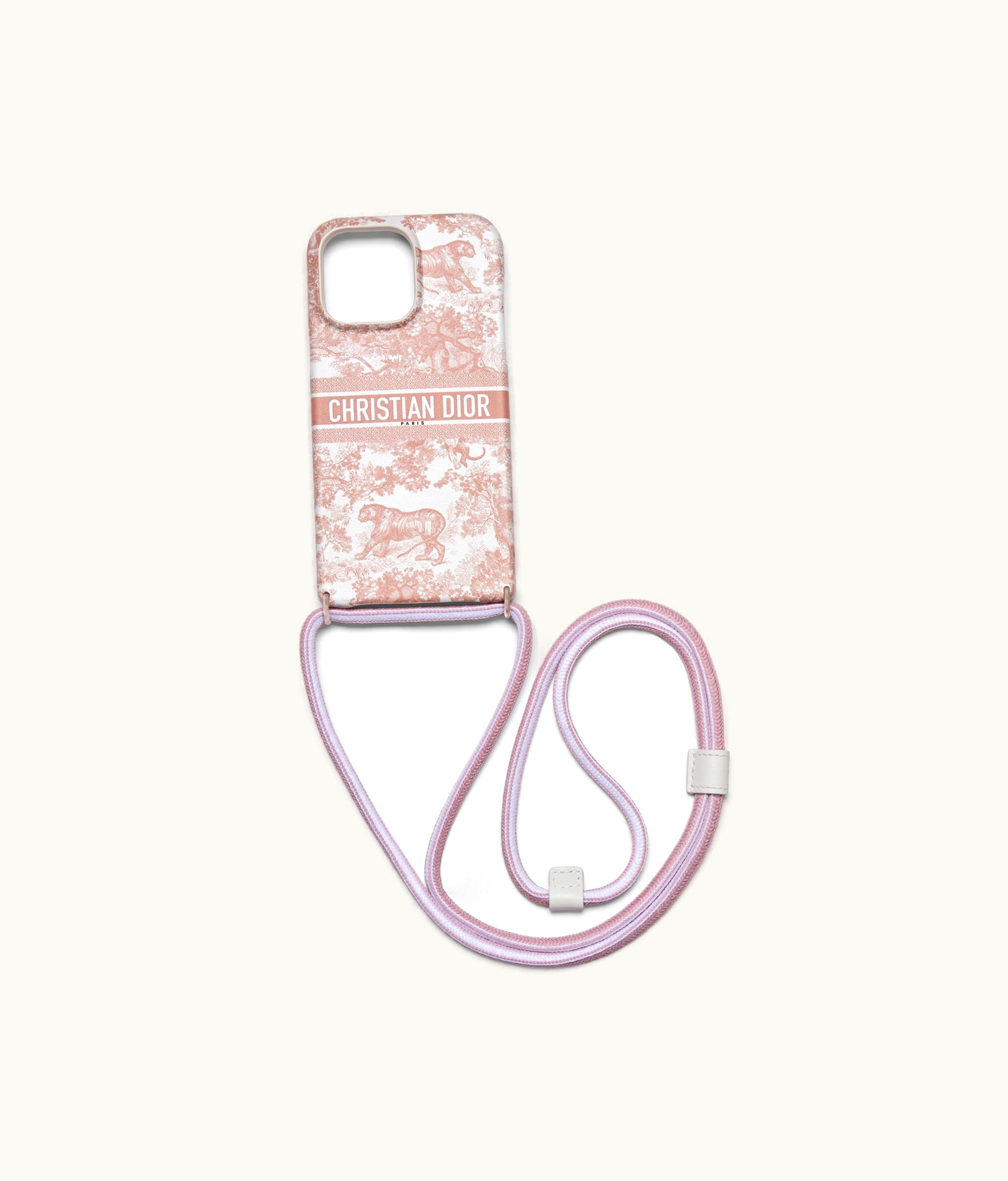 Dior Diortravel Cover For Iphone 14 Pro Max With Cord - Pink Toile De Jouy Smooth Calfskin