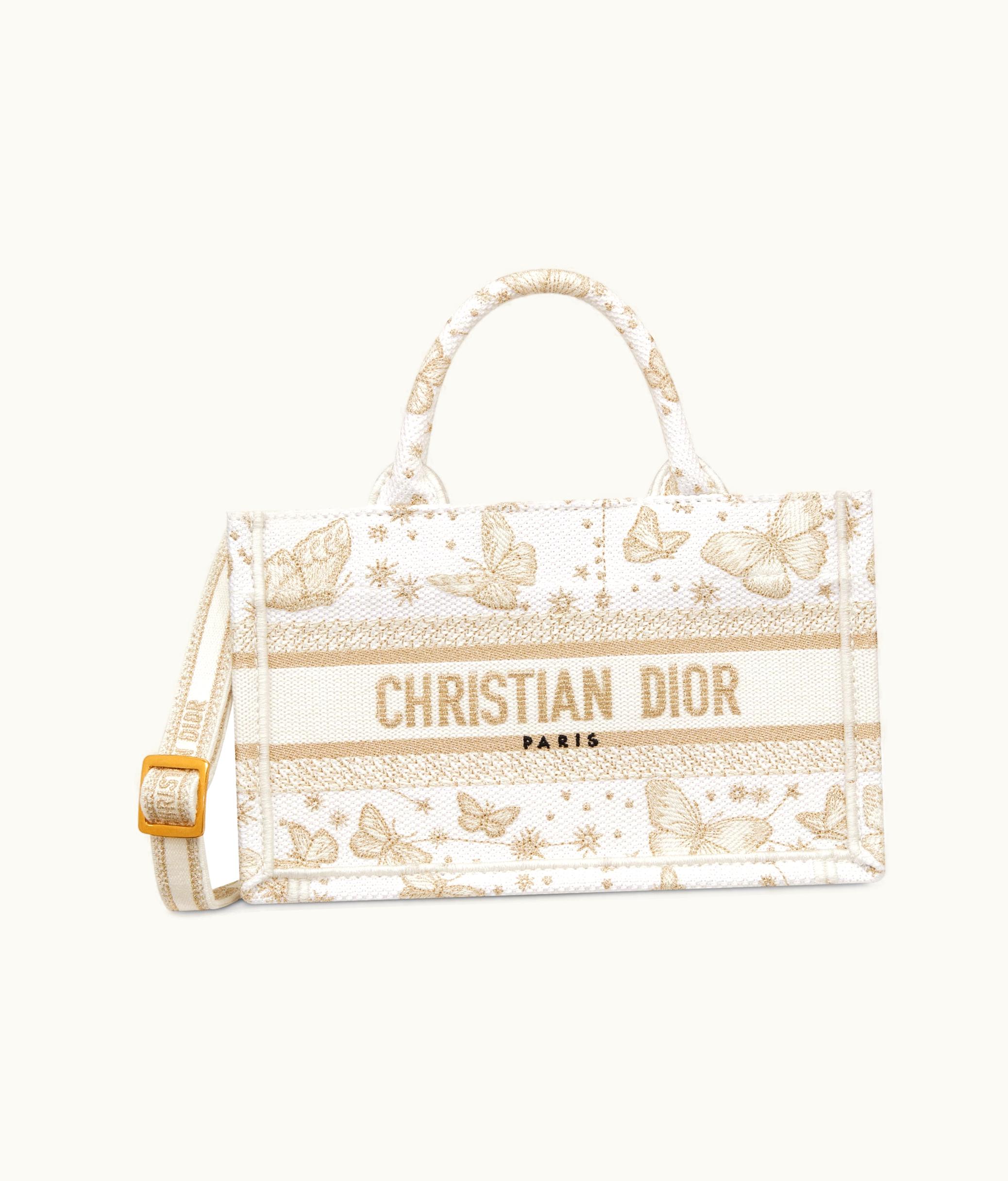 Dior Mini Dior Book Tote With Strap - Gold-Tone And White Butterfly Zodiac Embroidery (21.5 X 13 X 7.5 CM)
