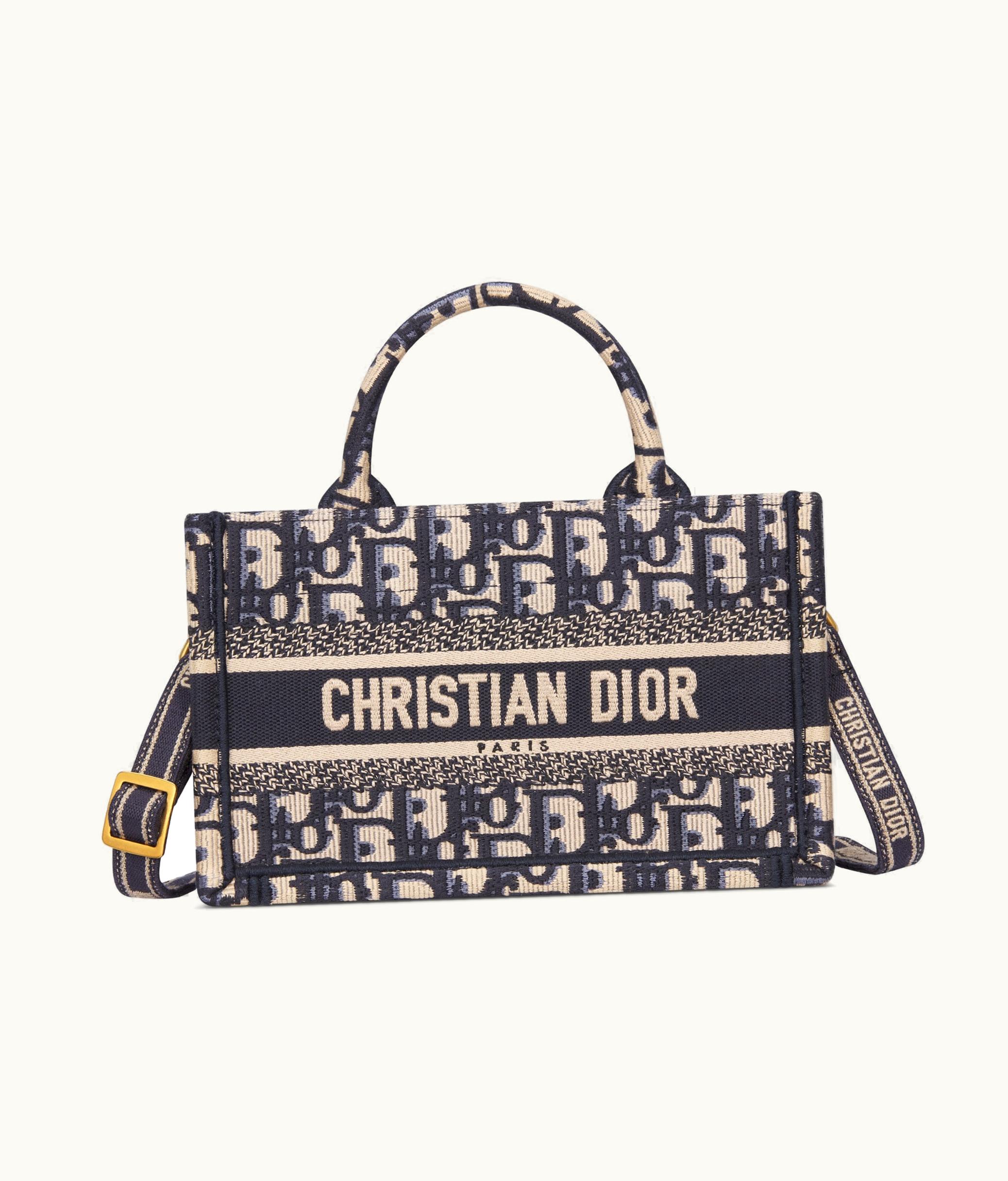 Dior Mini Dior Book Tote With Strap - Blue And Beige Dior Oblique Embroidery (21.5 X 13 X 7.5 CM)