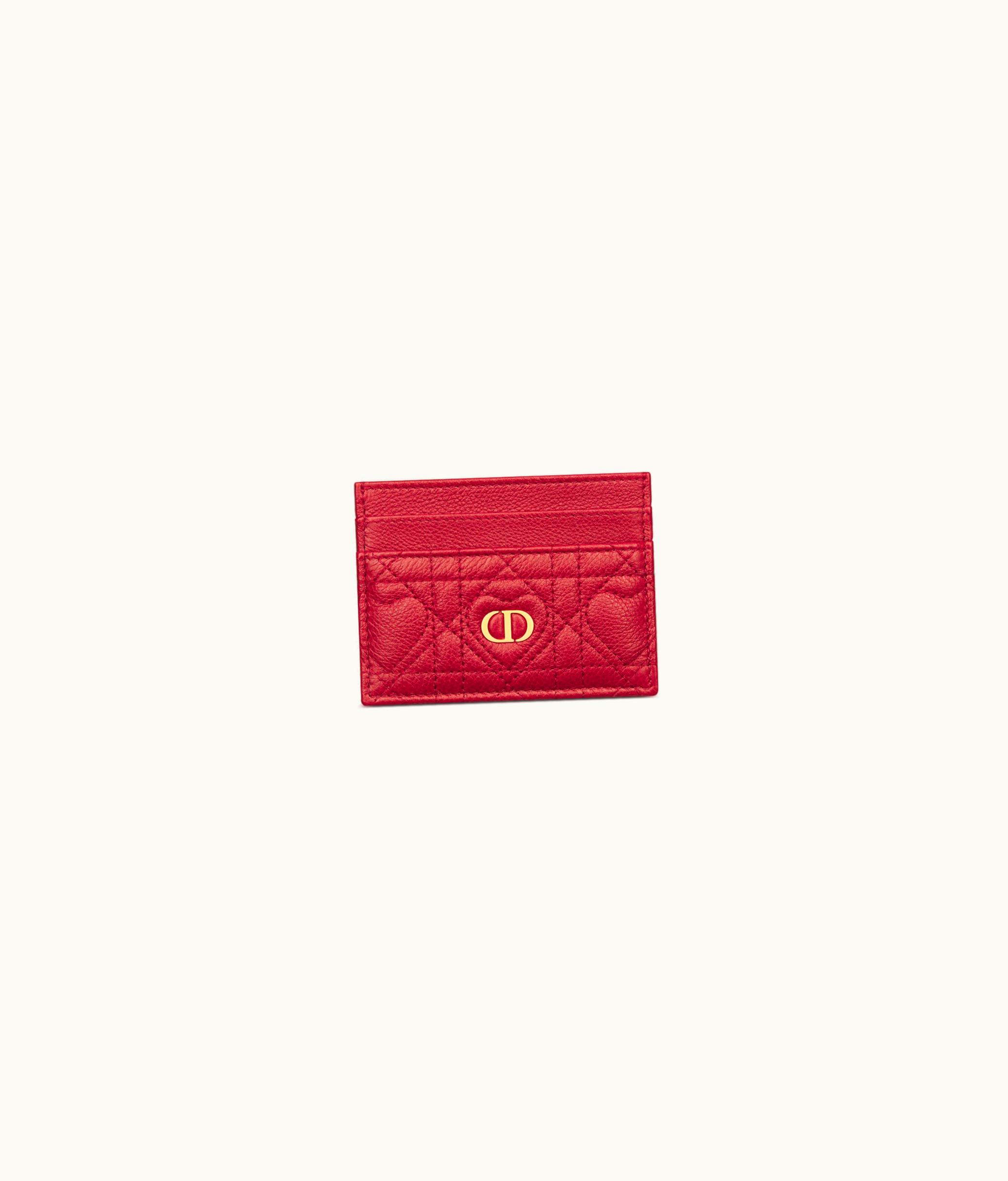 Dior Dior Caro Five-Slot Card Holder - Amaryllis Red Cannage Calfskin With Heart Motif