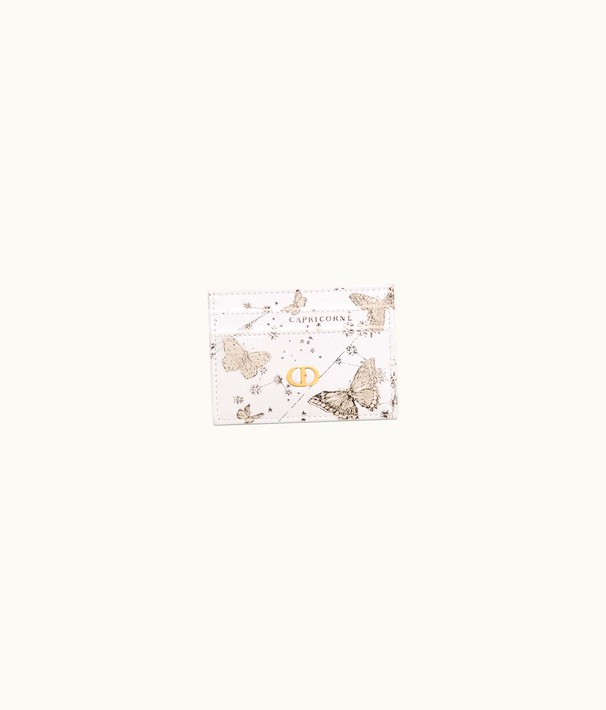 Dior Dior Caro Five-Slot Card Holder - White And Gold-Tone Calfskin With Butterfly Zodiac Print