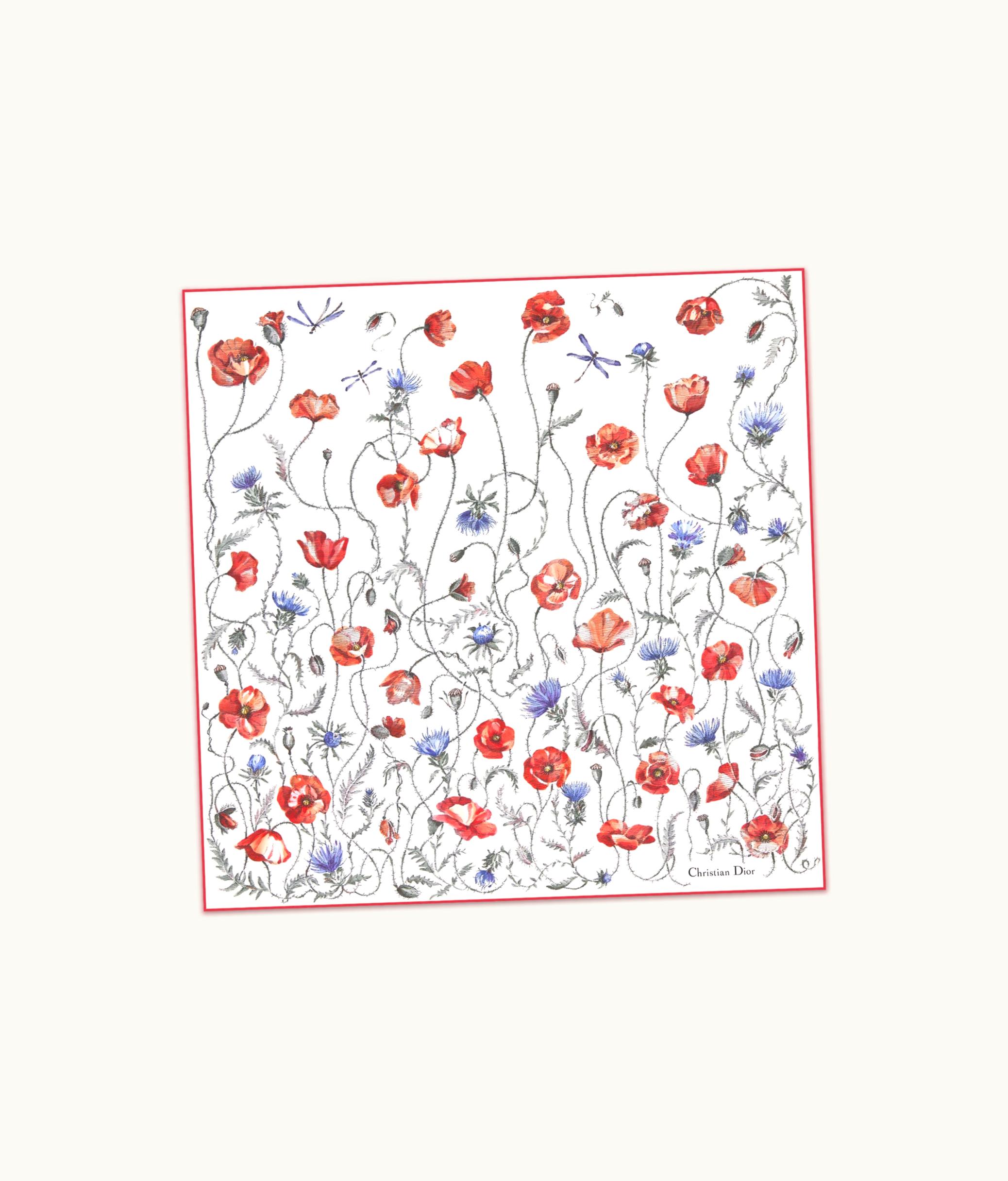 Dior Dior Le Bal Des Fleurs Coquelicot 70 Square Scarf - Ecru And Red Multicolor Silk Twill