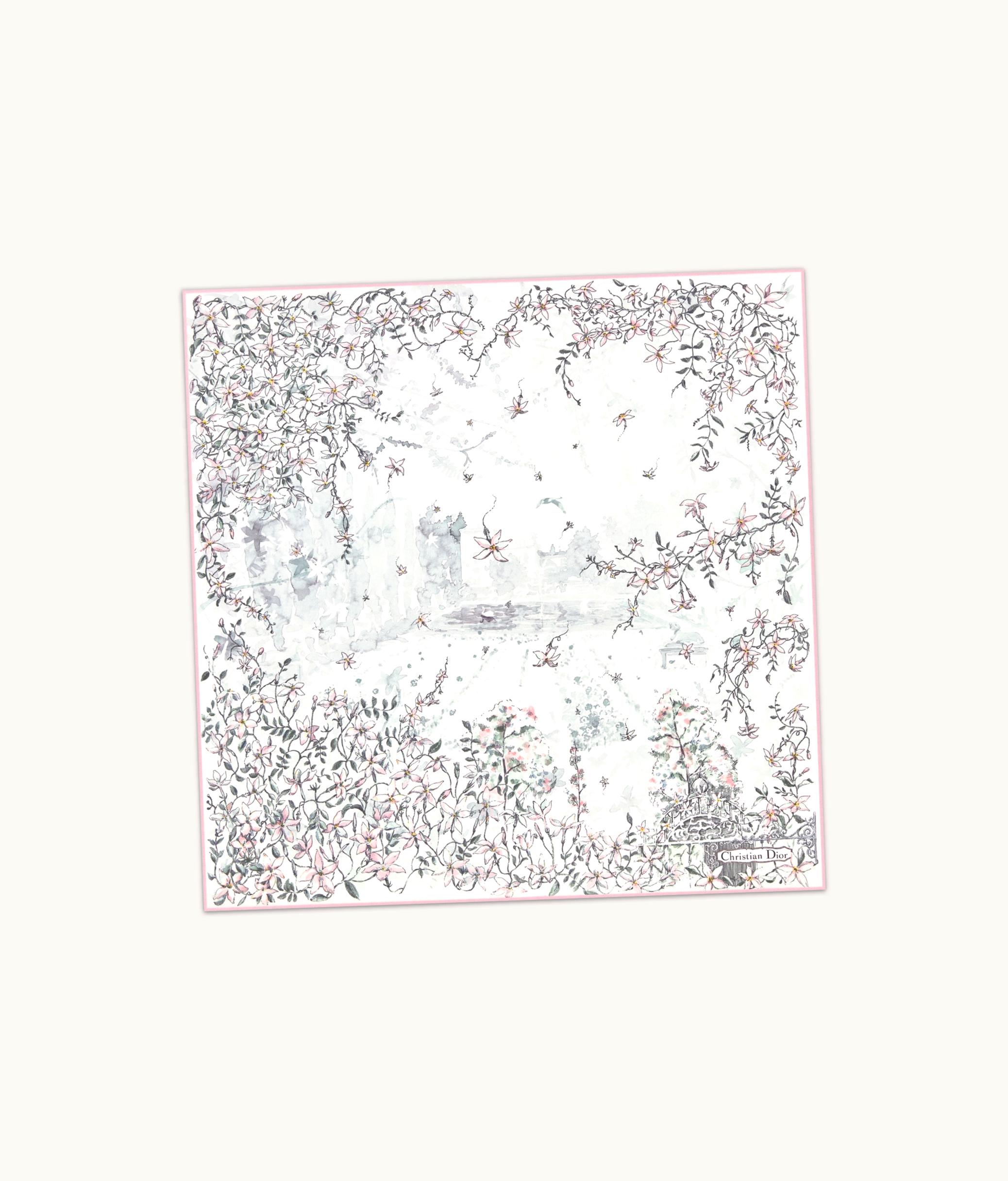 Dior Dior Le Bal Des Fleurs Jasmin 70 Square Scarf - Ecru And Pink Multicolor Silk Twill