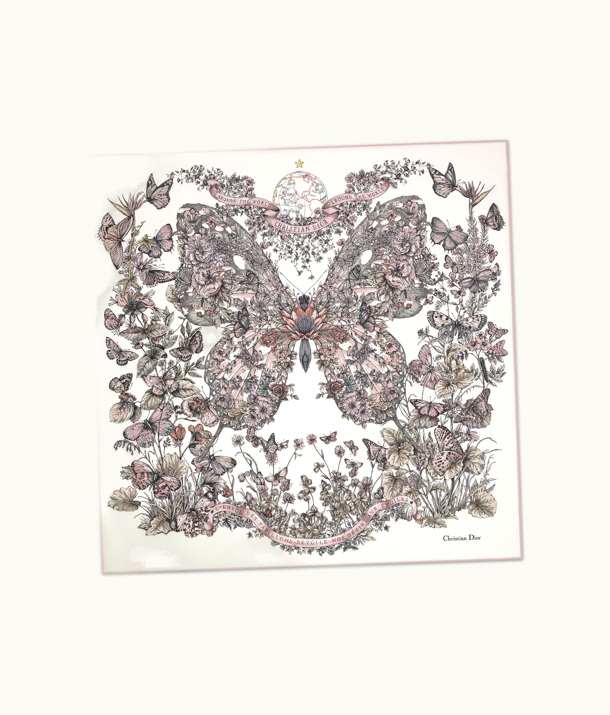 Dior Dior Butterfly Around The World 90 Square Scarf - White And Pastel Pink Silk Twill