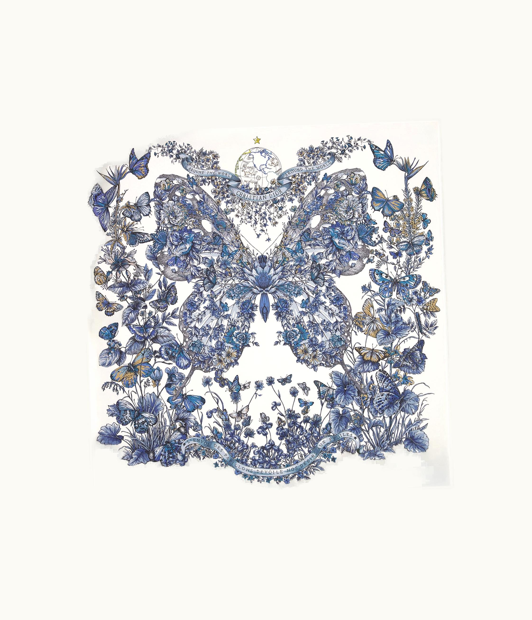Dior Dior Butterfly Around The World 90 Square Scarf - White And Pastel Midnight Blue Silk Twill
