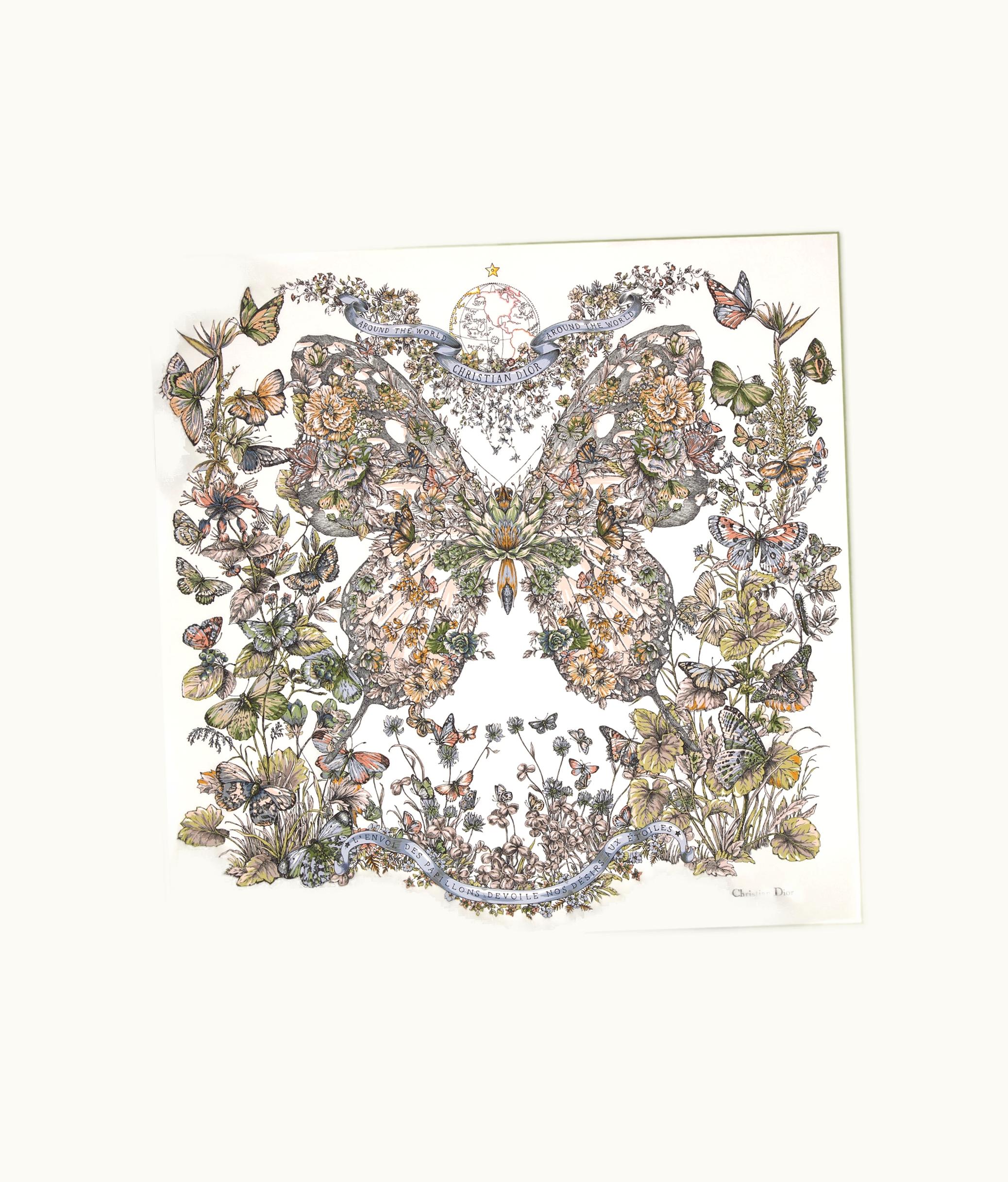 Dior Dior Butterfly Around The World 90 Square Scarf - White And Pastel Peyote Green Silk Twill