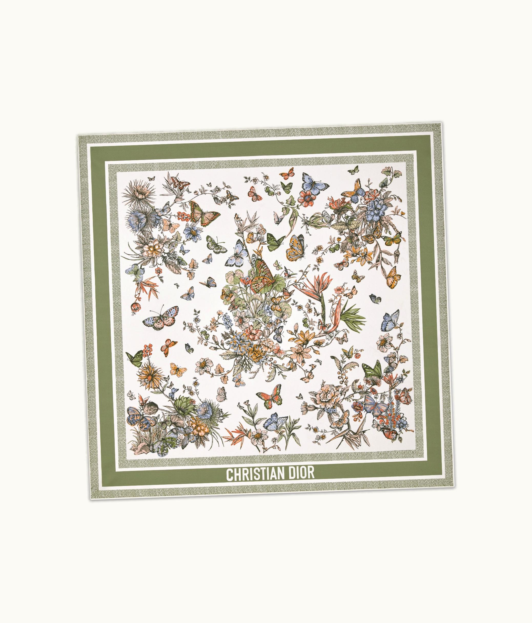 Dior Dior Toile De Jouy Mexico 90 Square Scarf - White And Pastel Peyote Green Silk Twill