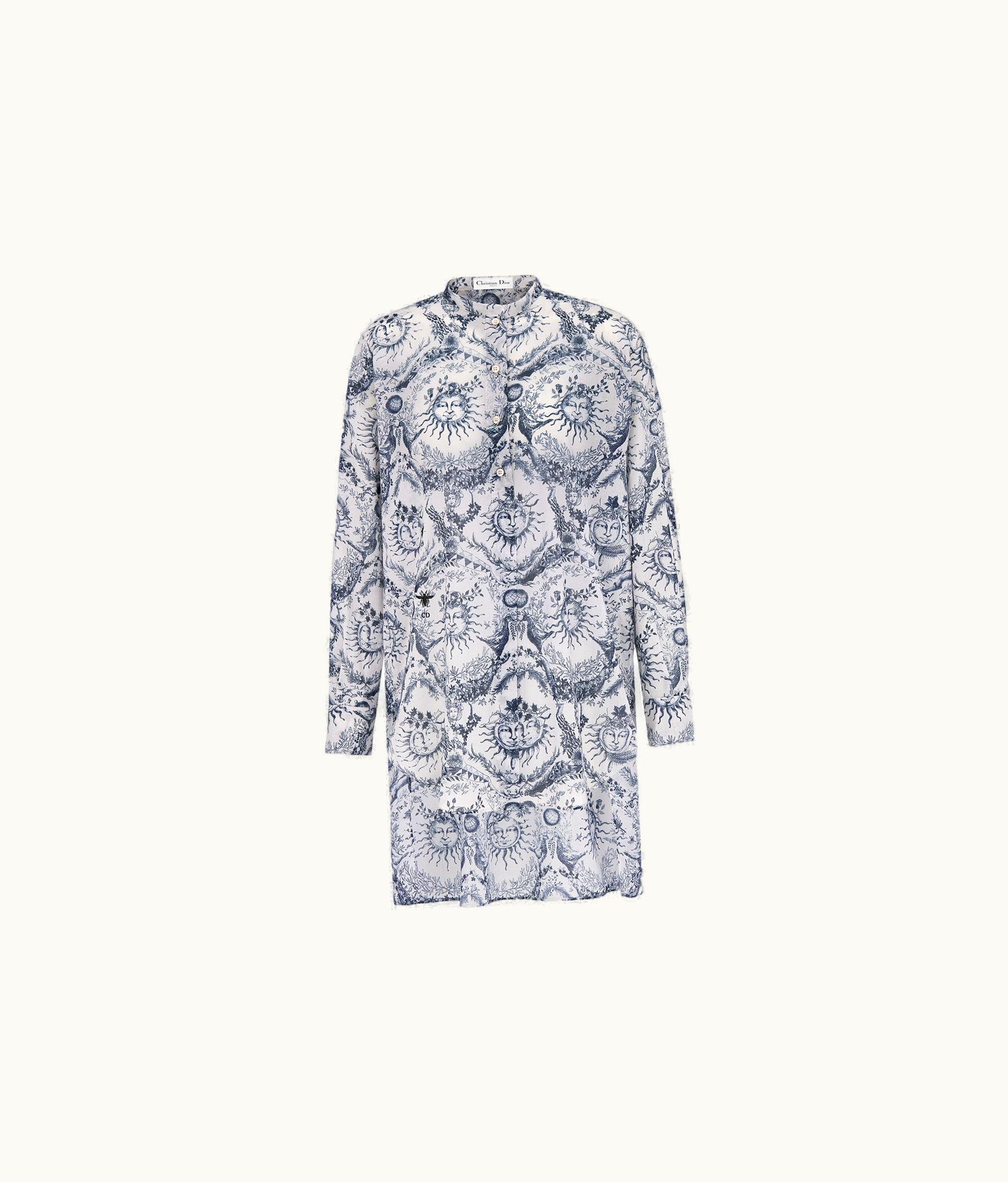 Dior Dior Long Blouse - White And Navy Blue Toile De Jouy Soleil Cotton Voile