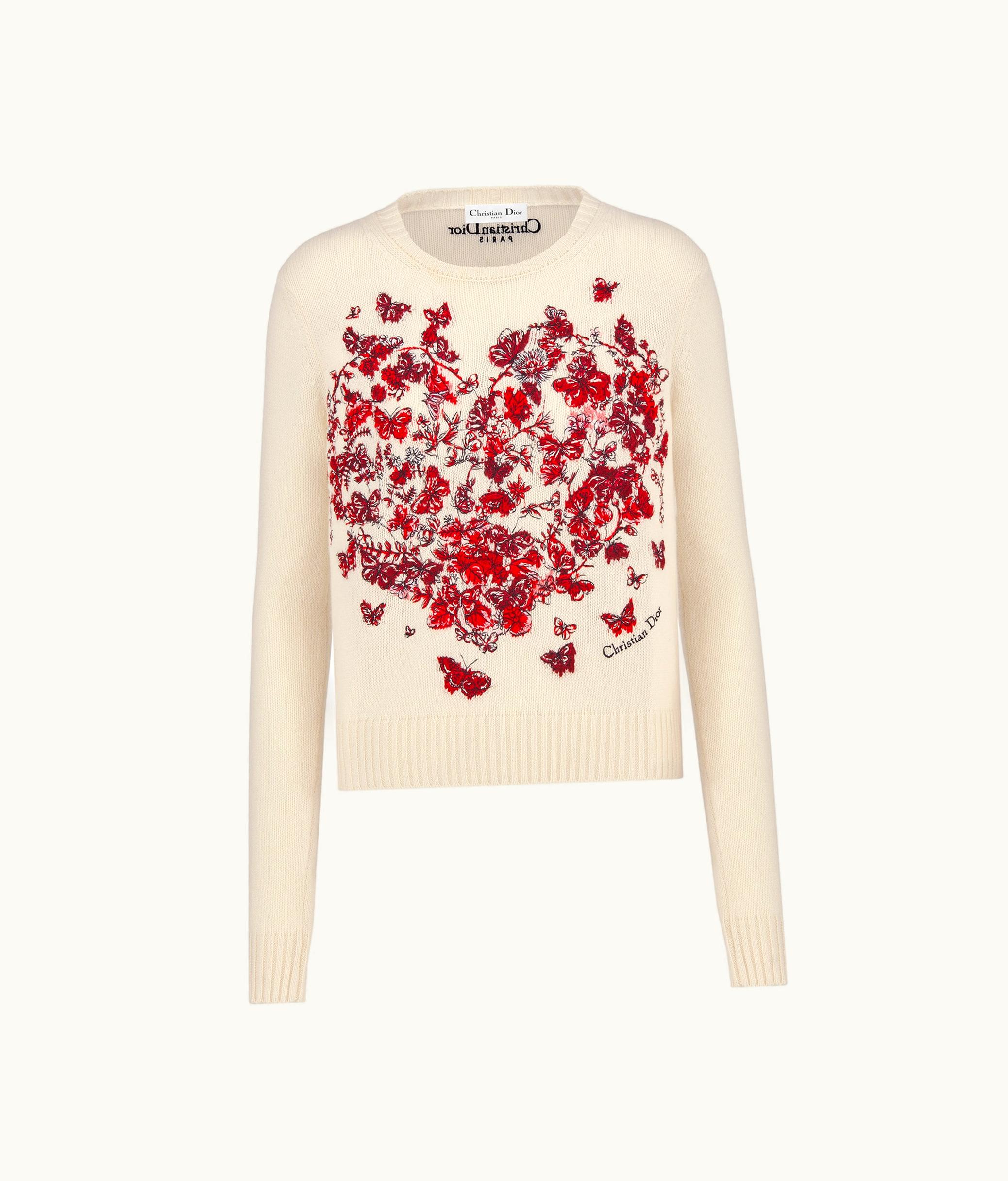 Dior Dior Embroidered Sweater - Ecru And Red Cashmere Knit With Le Cœur Des Papillons Motif