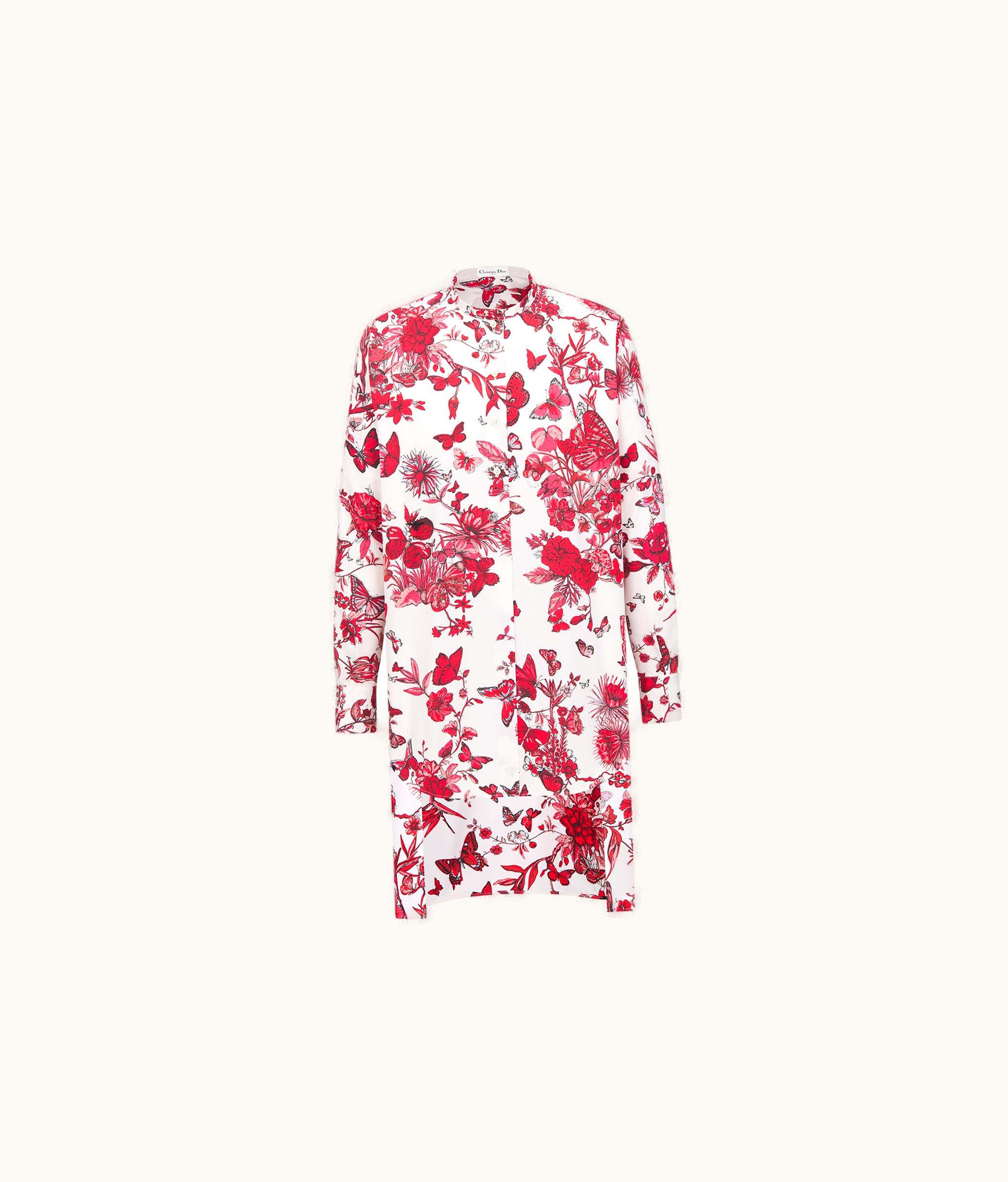 Dior Dior Long Blouse - White Cotton And Silk Twill With Red Toile De Jouy Mexico Motif