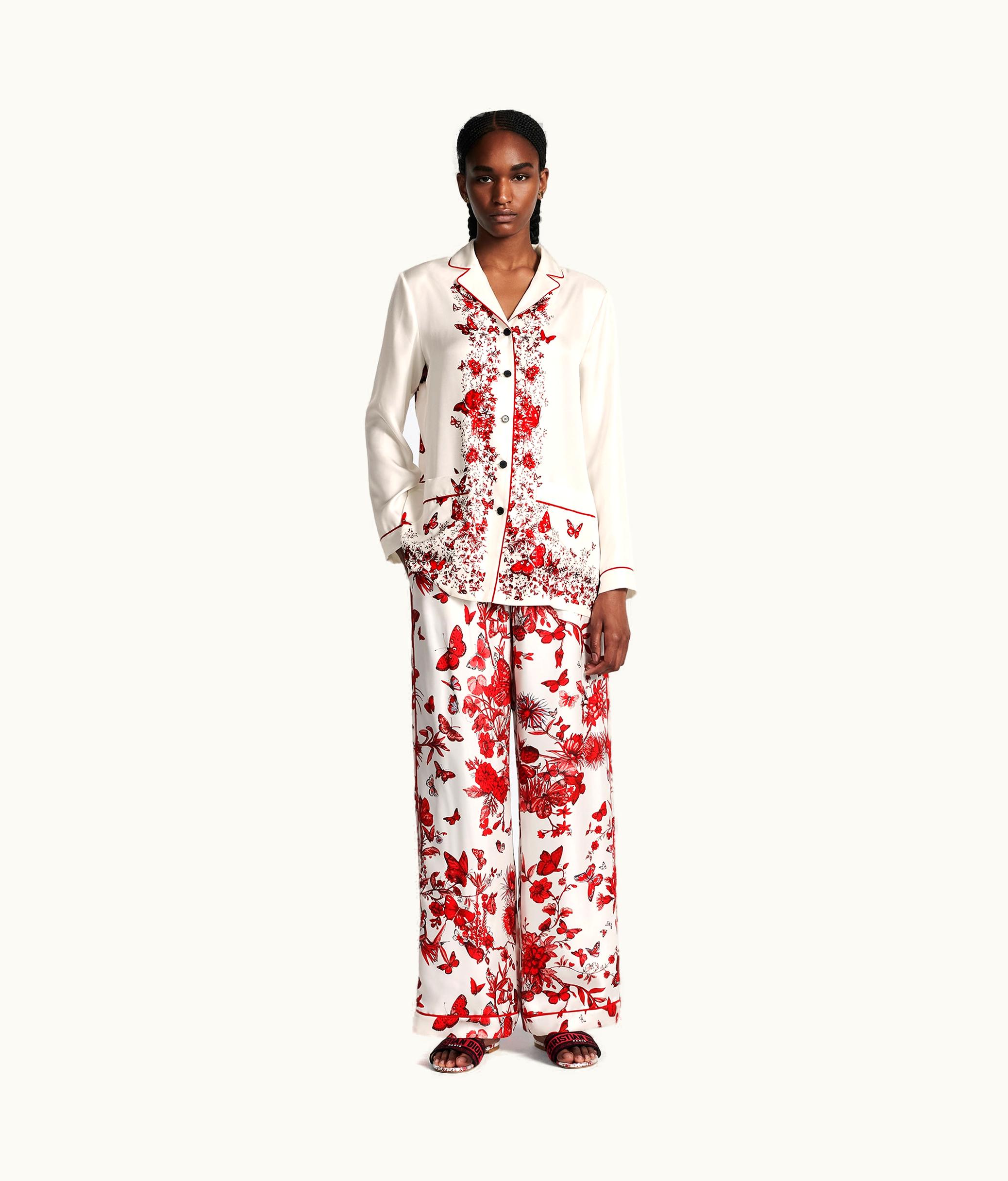 Dior Dior Pants - White And Red Silk Twill With Le Cœur Des Papillons Motif