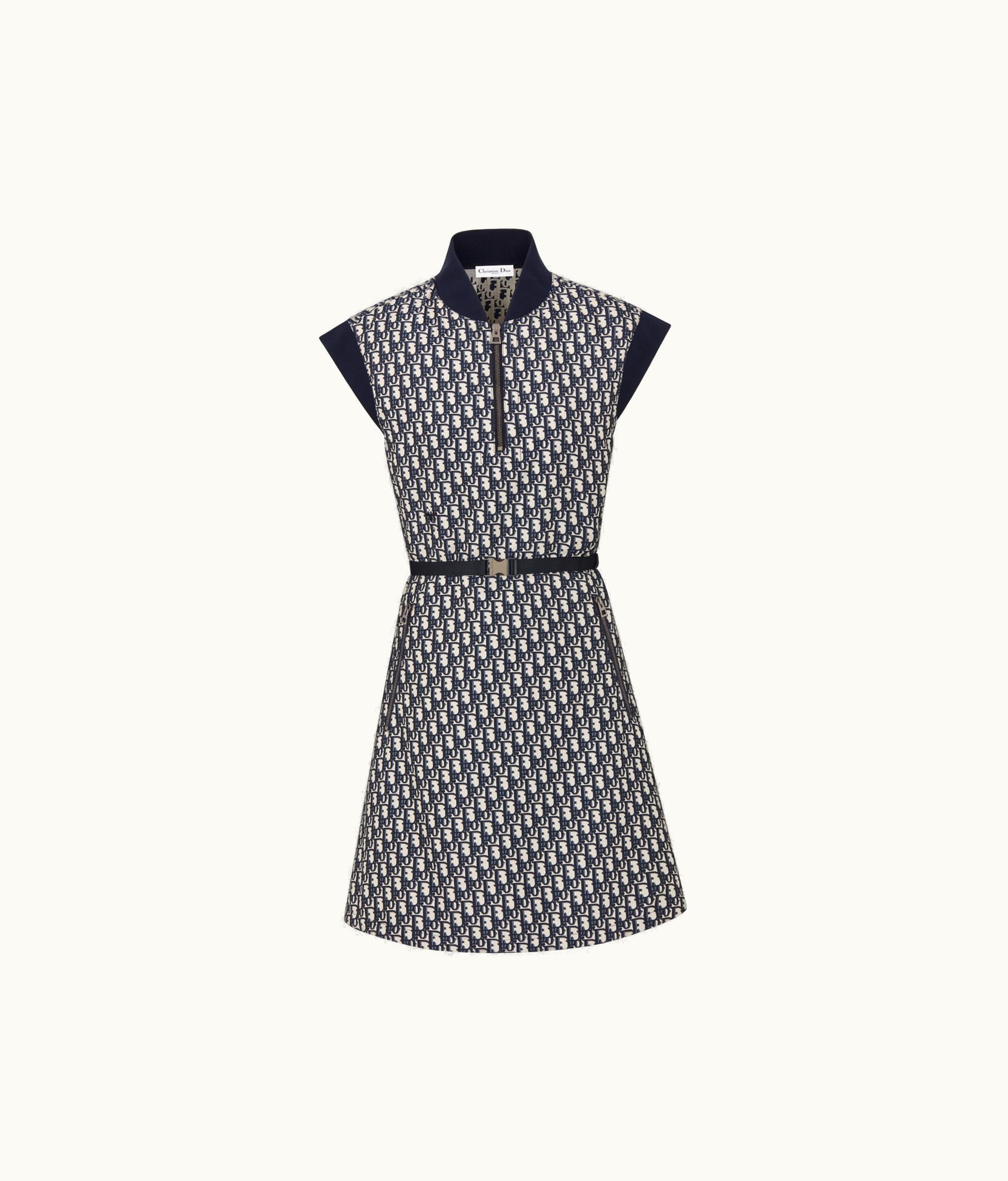 Dior Belted Dress - Blue Technical Taffeta Jacquard With Dior Oblique Motif