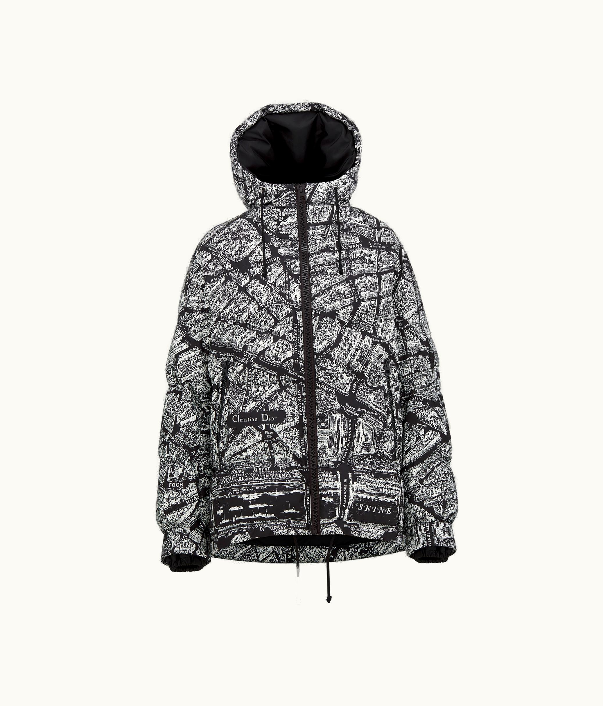 Dior Doudoune À Capuche Dioralps Taffetas Technique Matelassé À Motif Plan De Paris Noir Et Blanc
