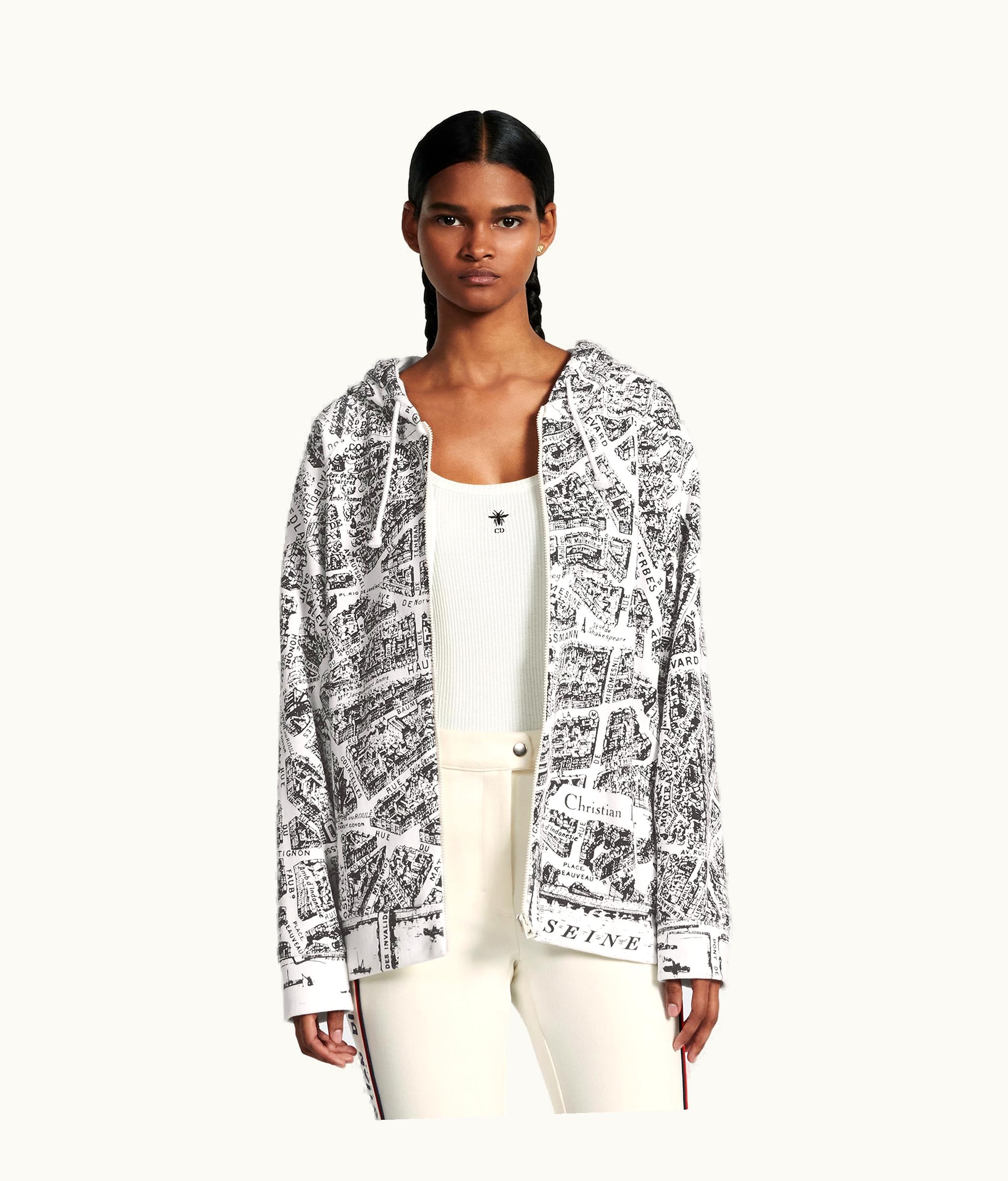 Dior Dior Zipped Hooded Sweatshirt - White And Black Organic Cotton Jersey With Plan De Paris Motif