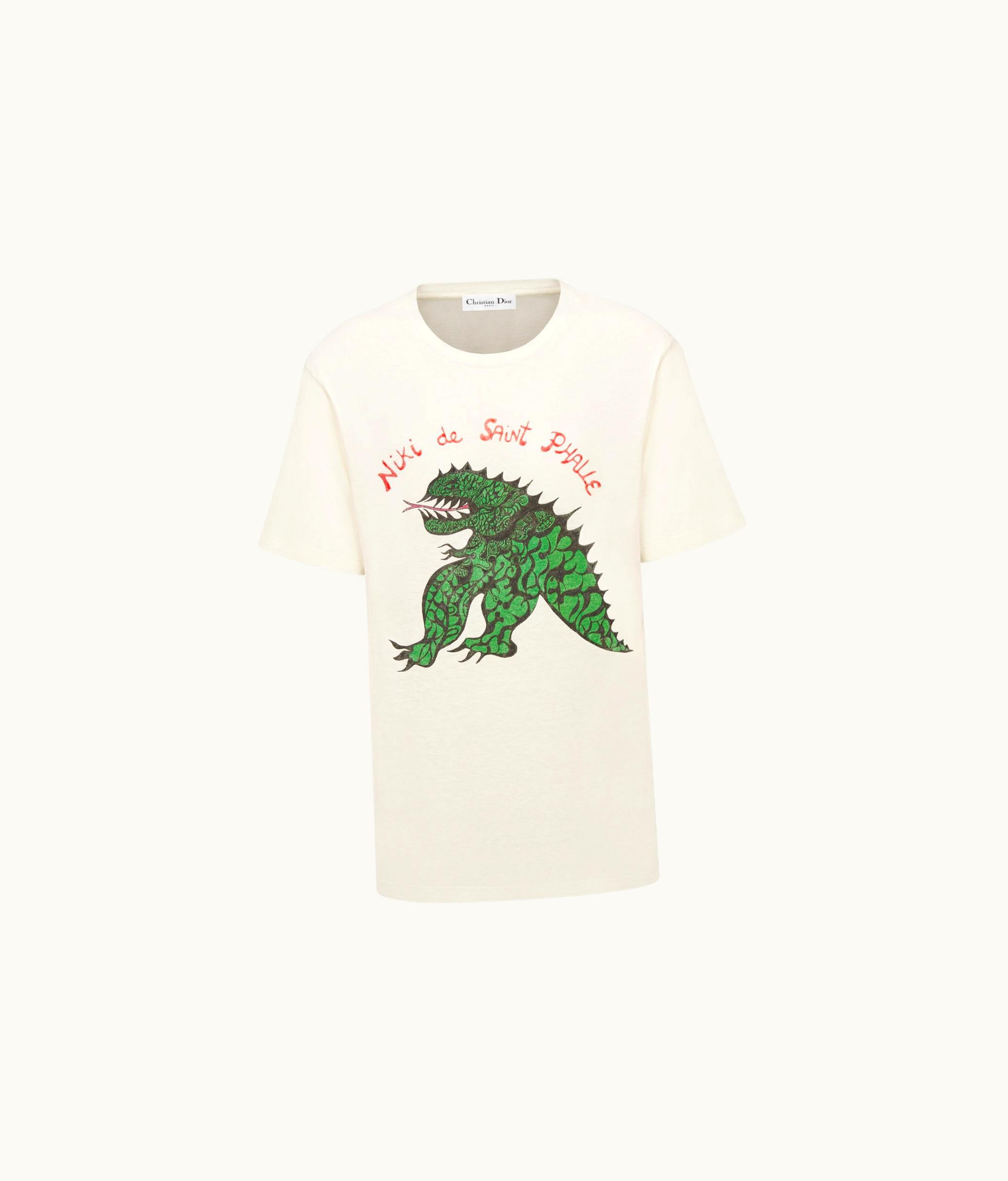 Dior Dior T-Shirt - White Cotton And Linen Jersey With Green Dragon Motif