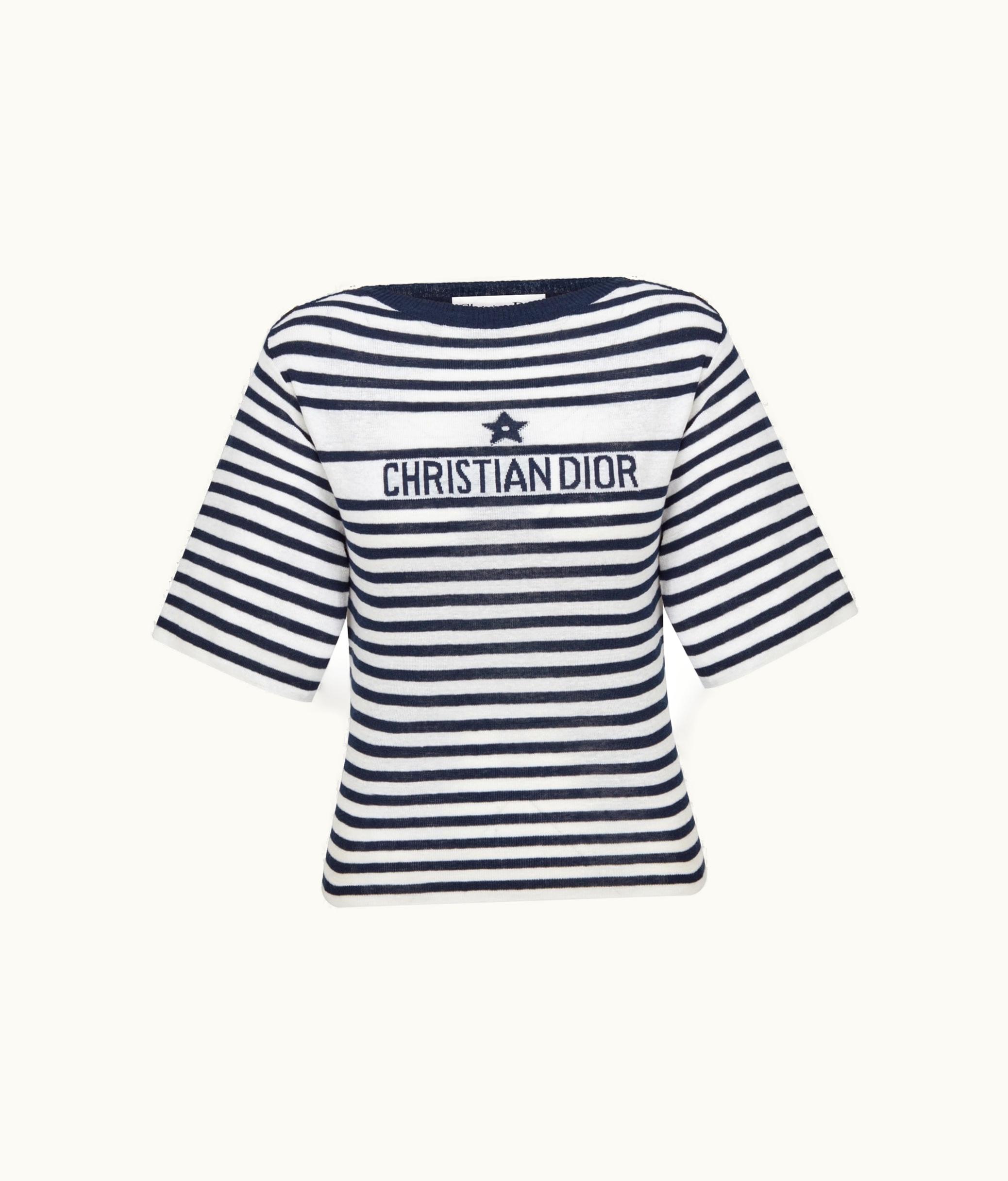 Dior Dior Marinière Short-Sleeved Sweater - White And Navy Blue Linen, Cashmere And Silk Ribbed Knit