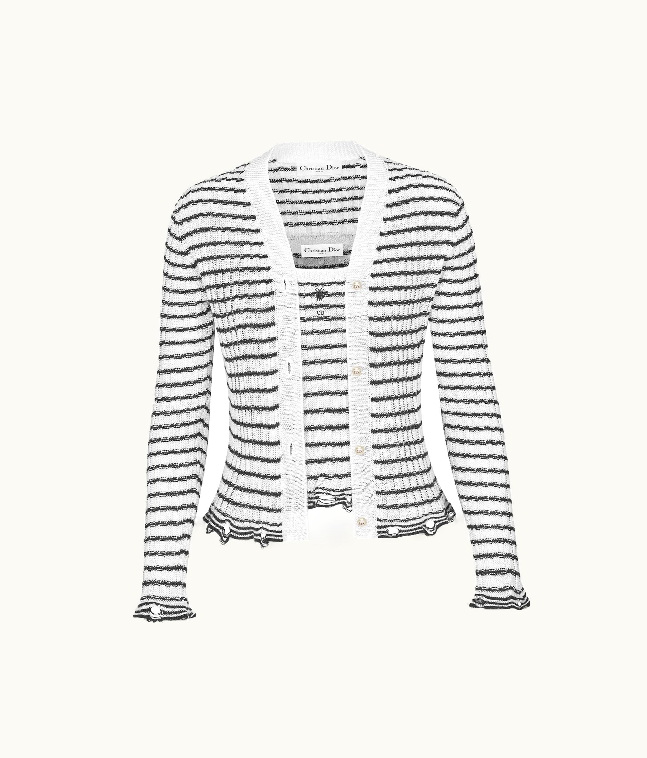 Dior Dior Twinset - White And Navy Blue Linen, Cashmere And Silk Ribbed Knit