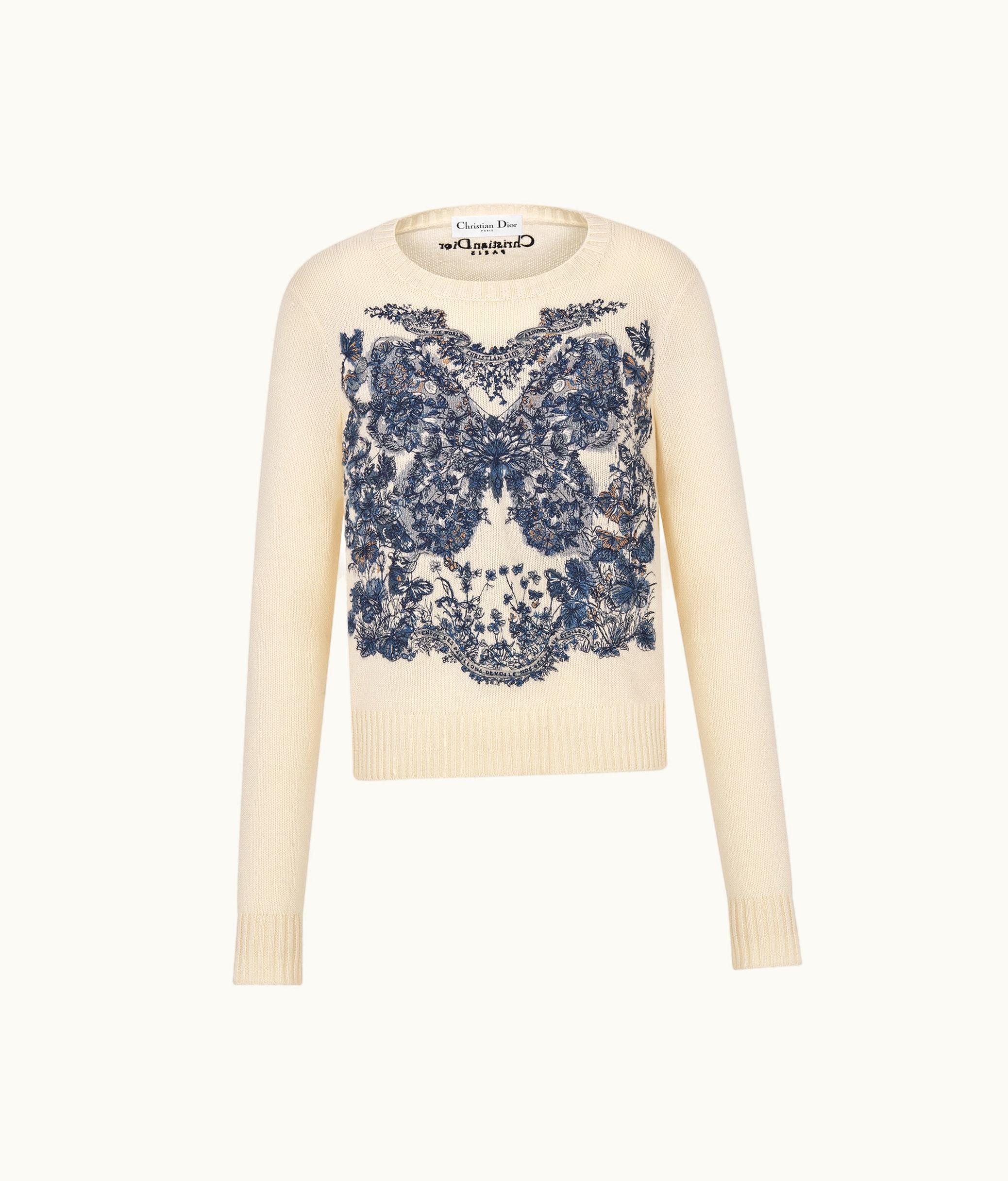 Dior Dior Embroidered Sweater - Ecru Cashmere Knit With Pastel Midnight Blue Butterfly Around The World Motif