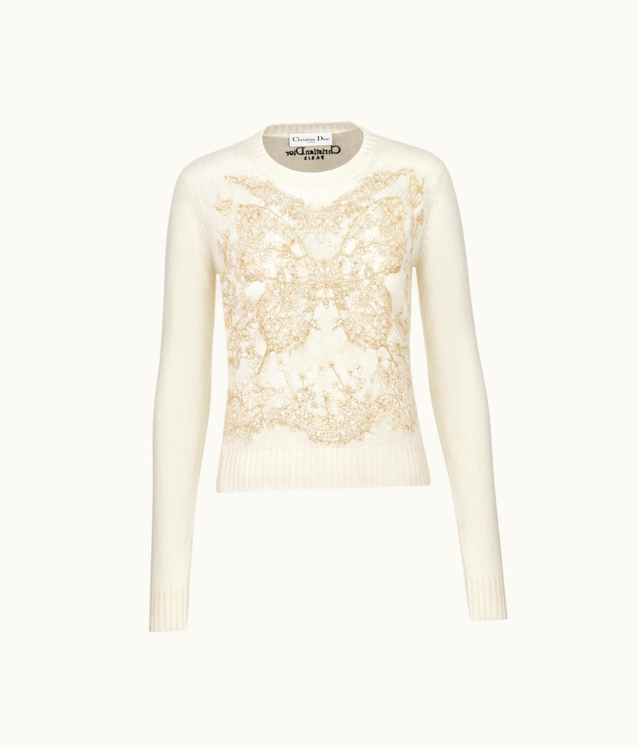 Dior Dior Embroidered Sweater - Gold-Tone And White Cashmere Knit With Butterfly Around The World Motif