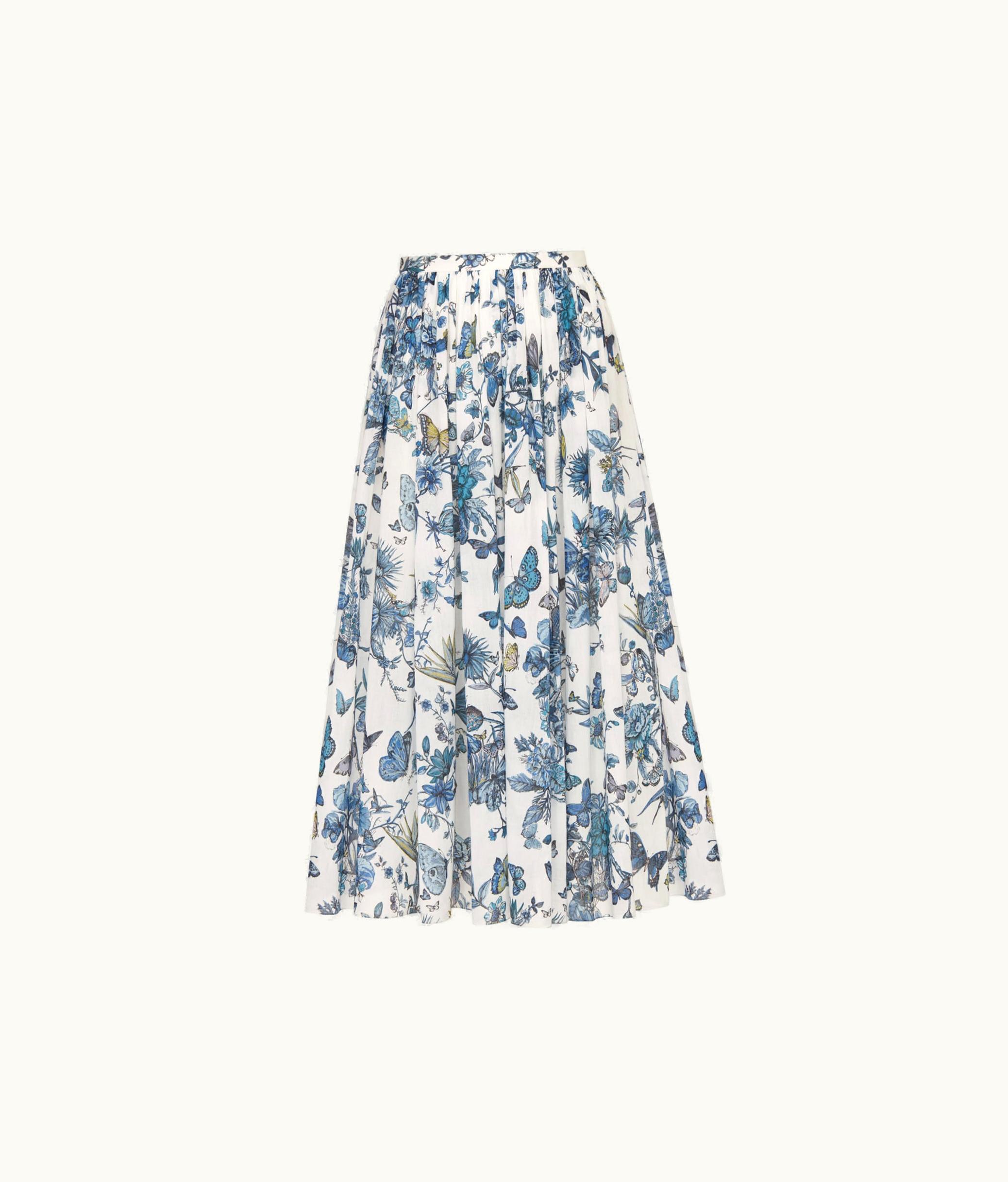 Dior Dior Flared Mid-Length Skirt - White And Pastel Midnight Blue Cotton Voile With Toile De Jouy Mexico Motif