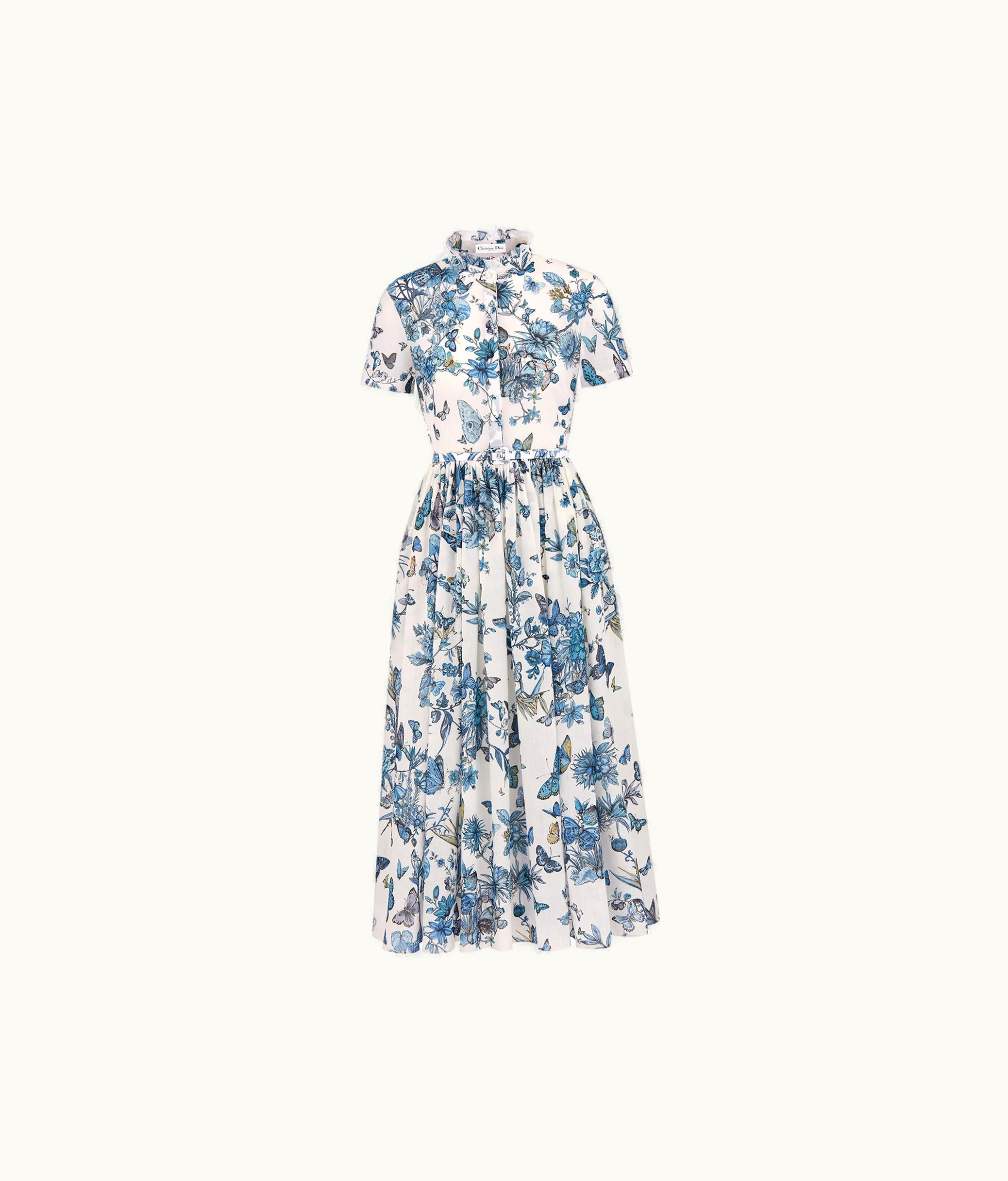 Dior Dior Mid-Length Shirt Dress - White And Pastel Midnight Blue Cotton Voile With Toile De Jouy Mexico Motif