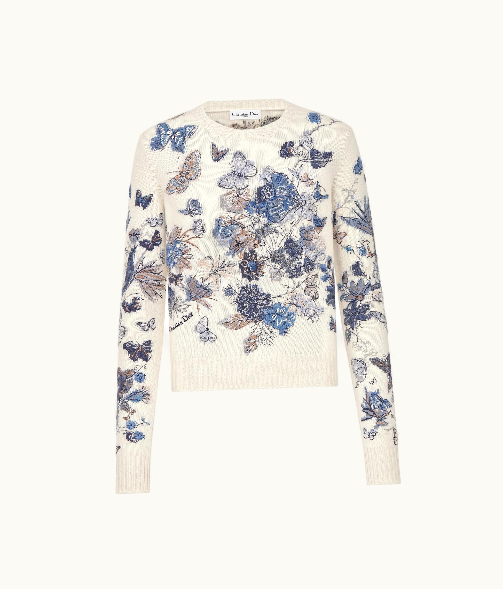 Dior Dior Embroidered Sweater - White And Pastel Midnight Blue Cashmere Knit With Toile De Jouy Mexico Motif