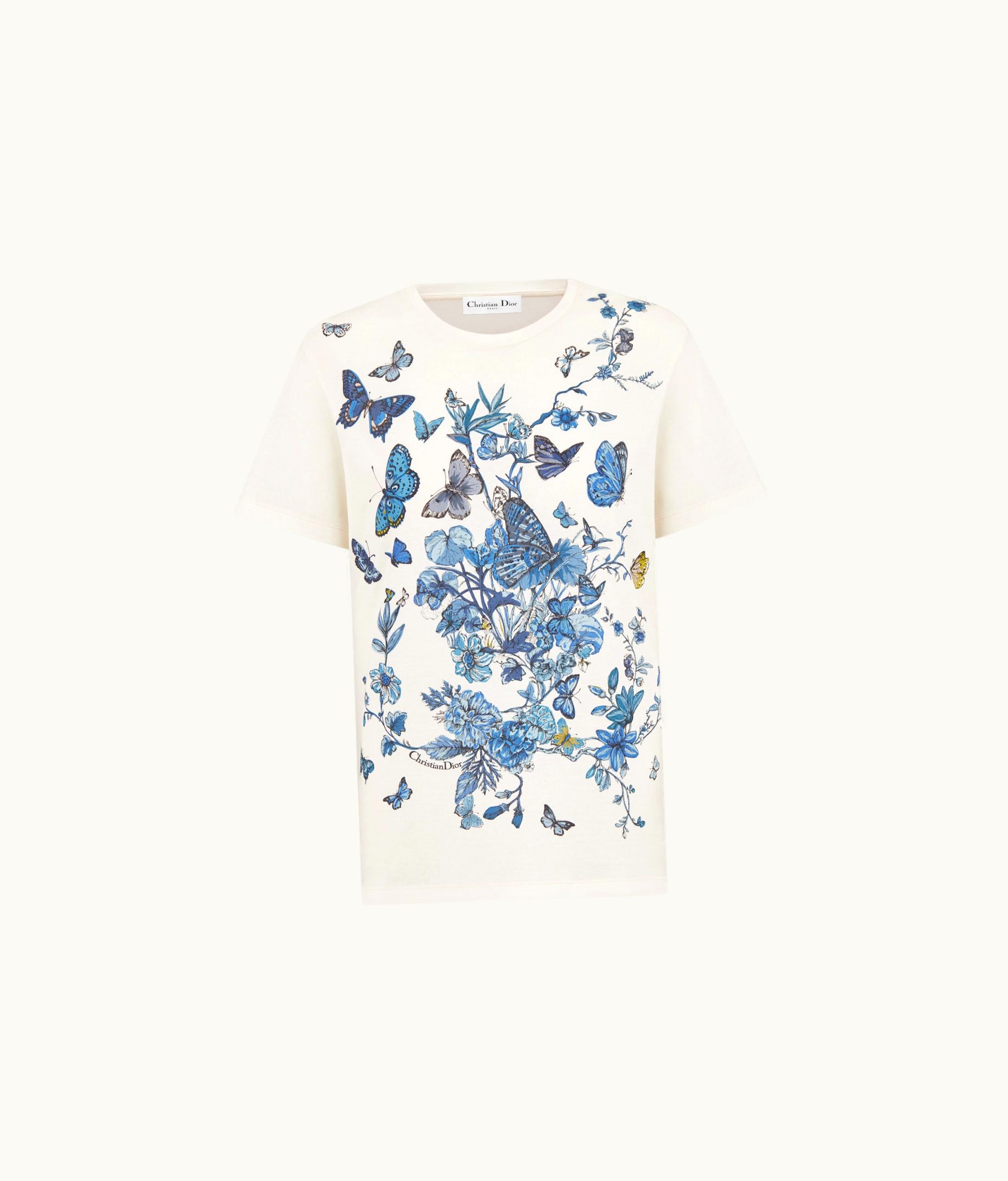 Dior Dior T-Shirt - White Cotton Jersey With Pastel Midnight Blue Toile De Jouy Mexico Motif