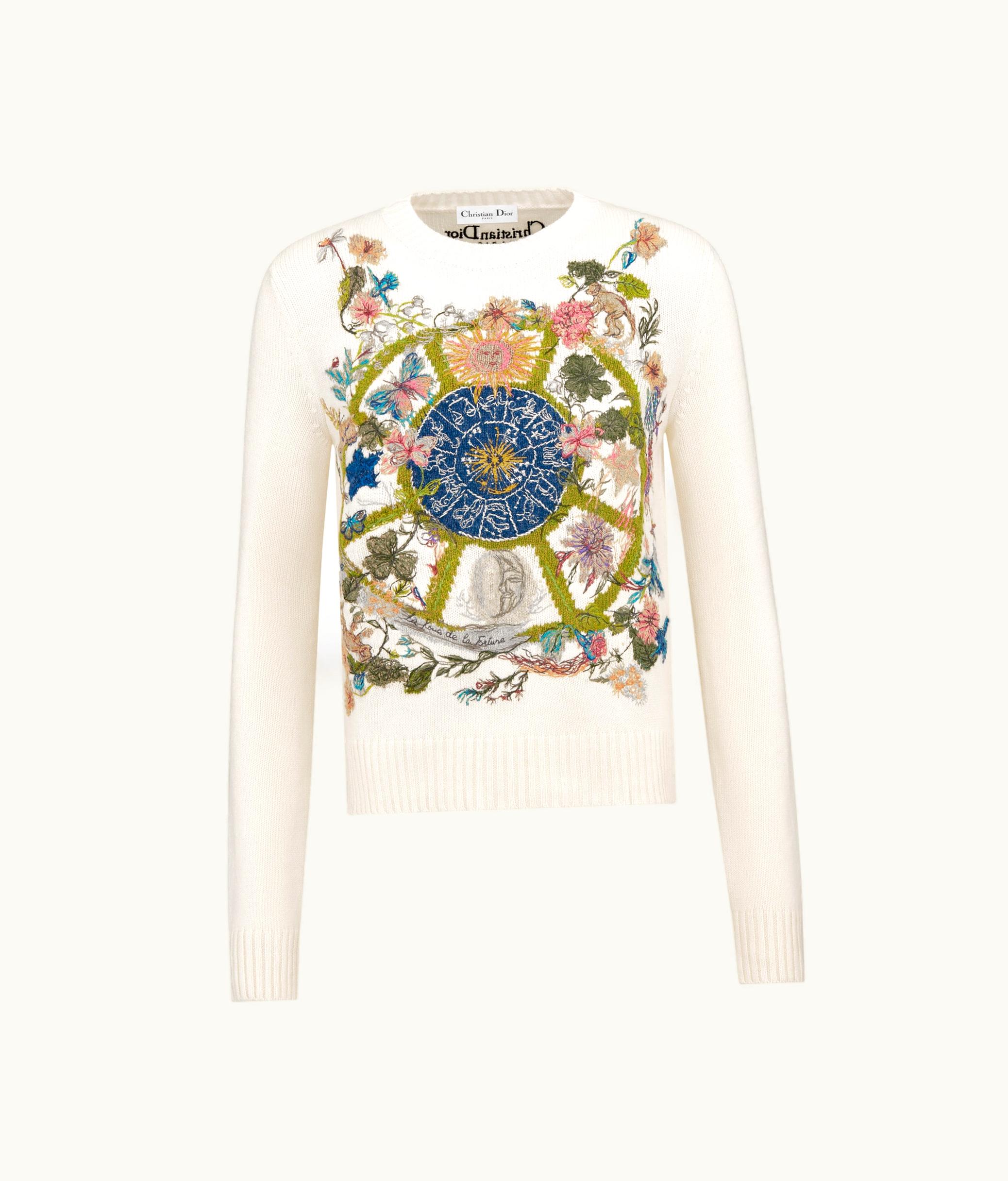 Dior Dior Embroidered Sweater - White Cashmere Knit With Multicolor Tarot La Roue De La Fortune Motif