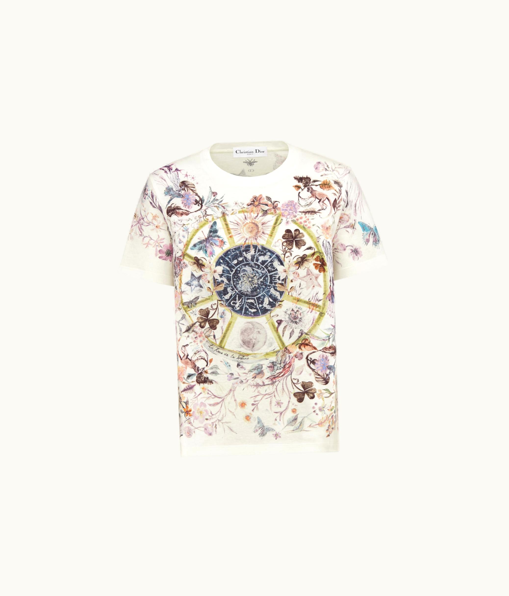 Dior Dior T-Shirt - White Cotton And Linen Jersey With Multicolor Tarot La Roue De La Fortune Motif