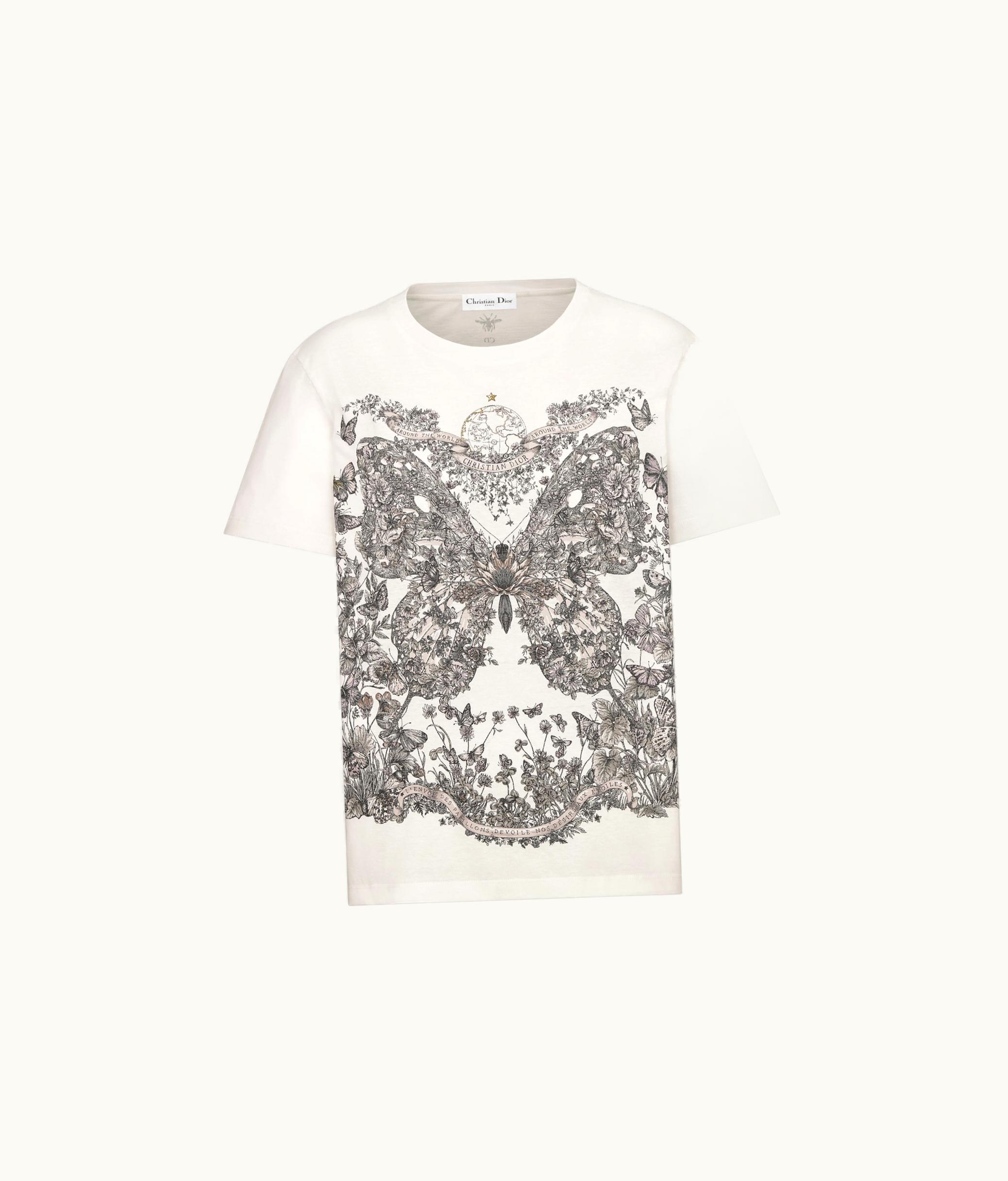 Dior Dior T-Shirt - White Cotton And Linen Jersey With Pastel Pink Butterfly Around The World Motif