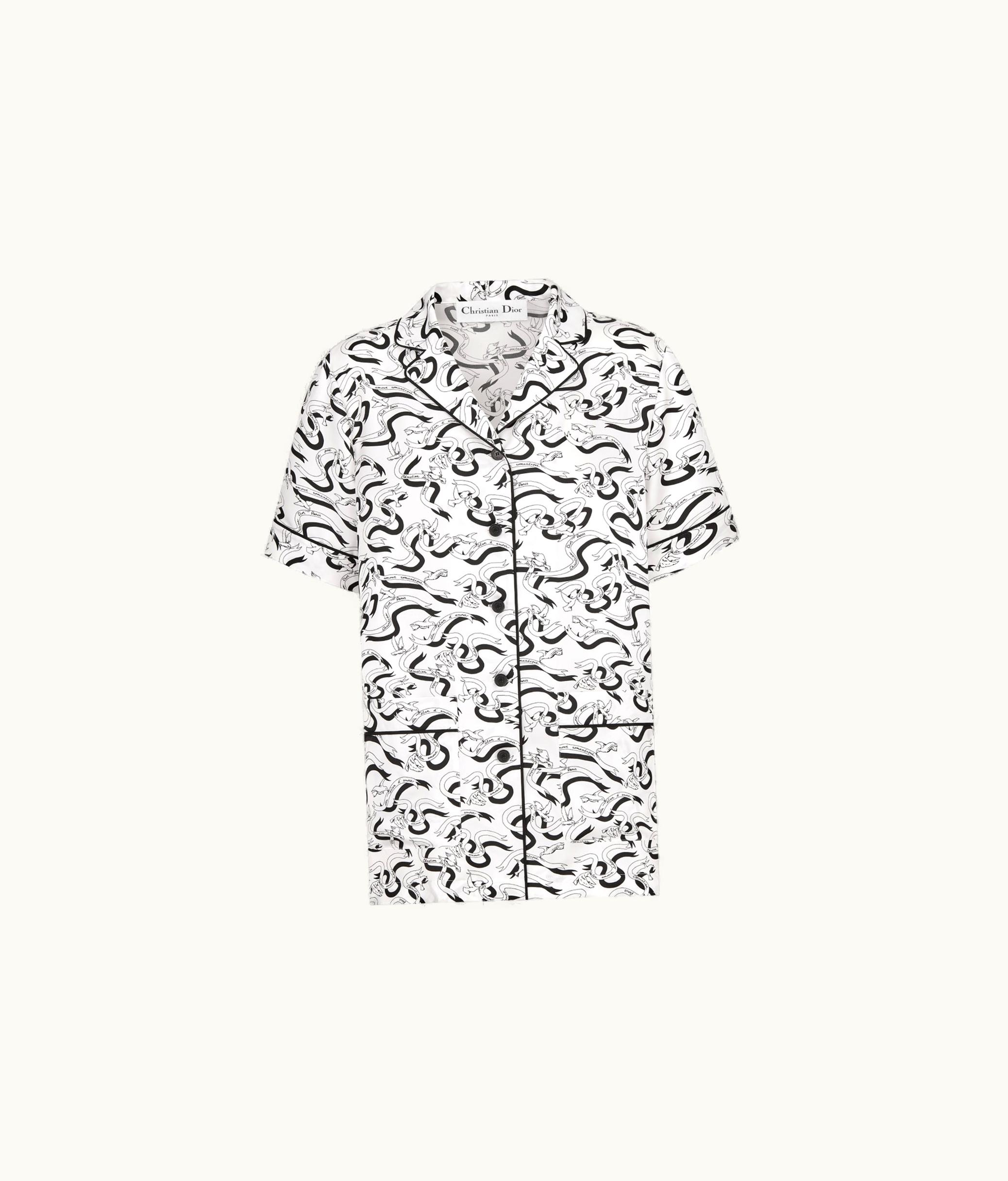 Dior Dior Short-Sleeved Shirt - White And Black Silk Twill With Colombe E Cartigli Motif