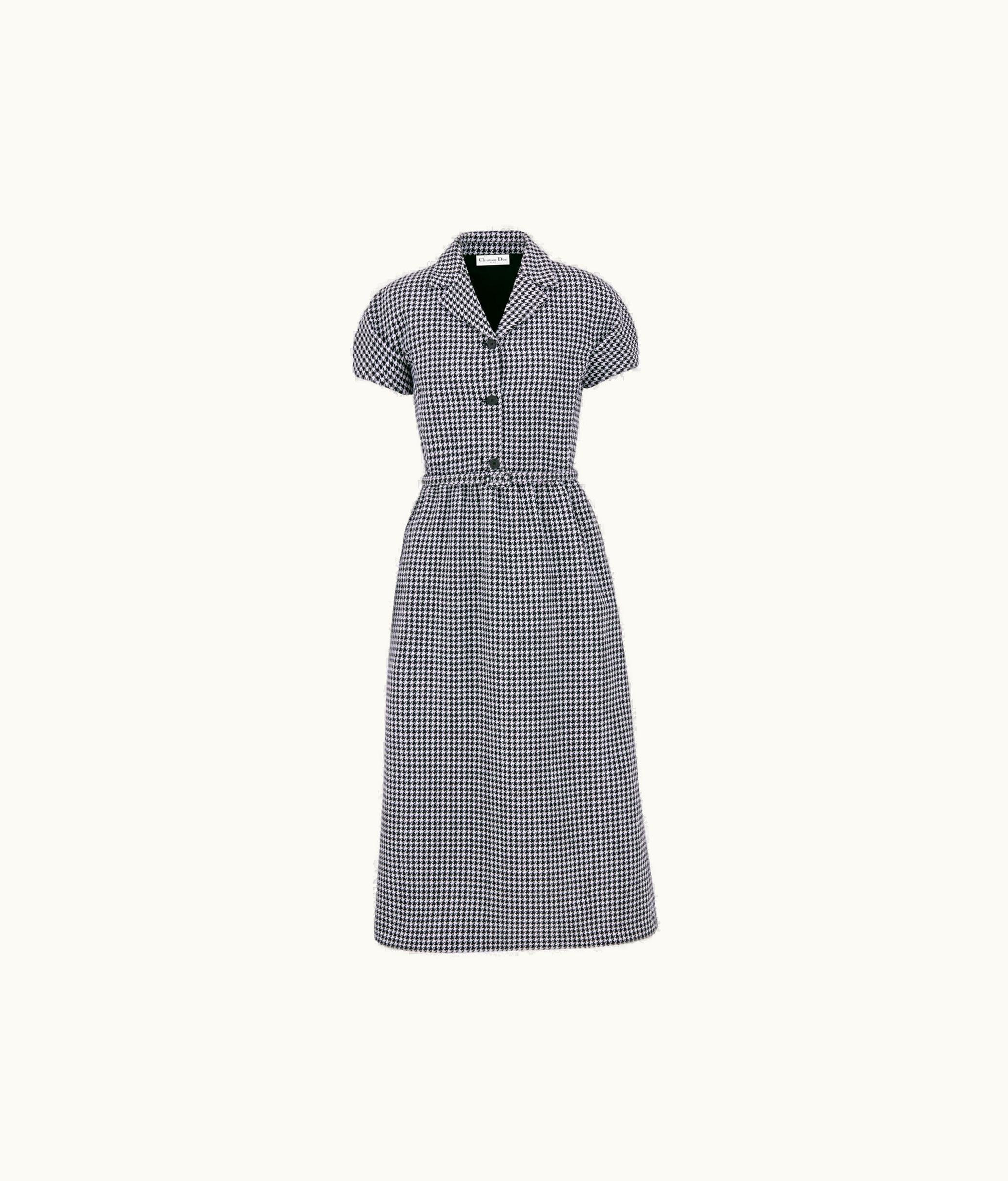 Dior Dior Regular-Fit Mid-Length Dress With Puff Sleeves - Black And White Houndstooth Wool