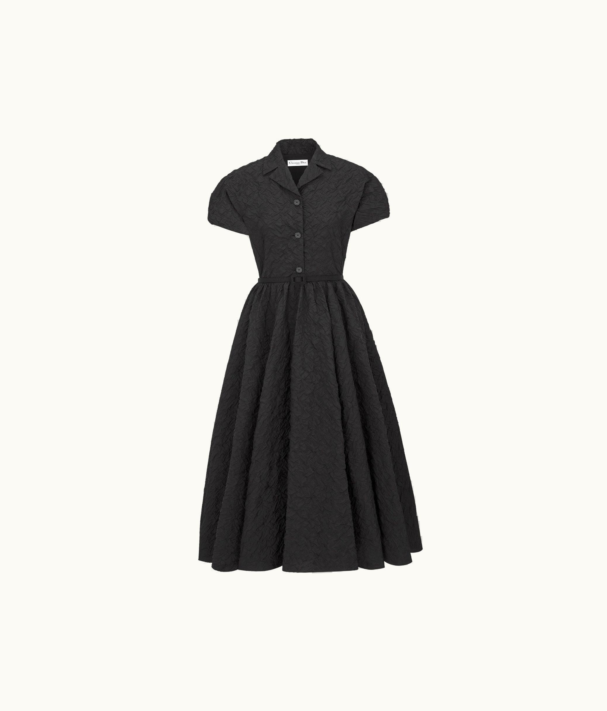 Dior Dior Flared Mid-Length Dress With Puff Sleeves - Black Cloqué Technical Jacquard