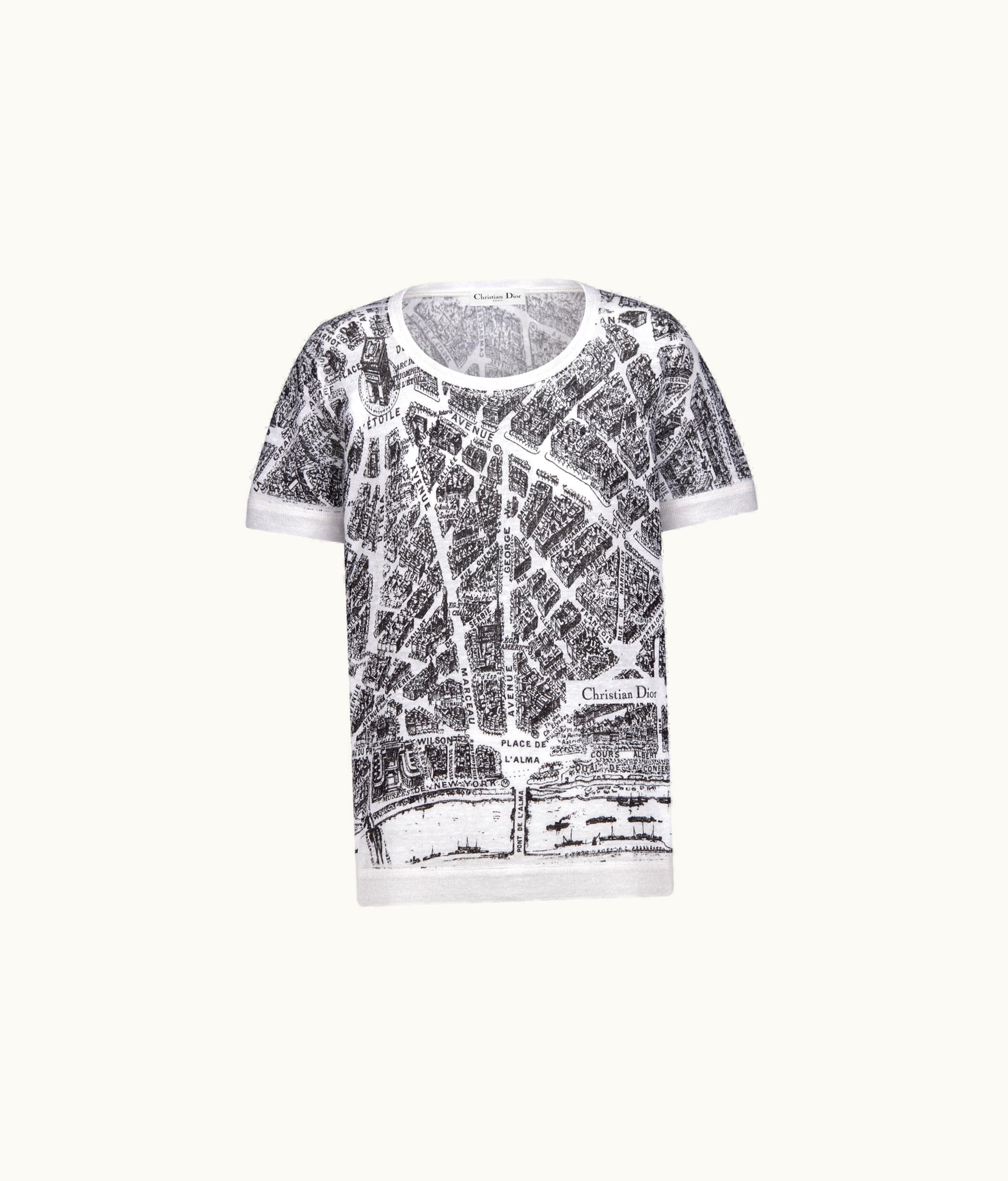 Dior Dior T-Shirt - White And Black Linen, Cashmere And Silk Knit With Plan De Paris Motif