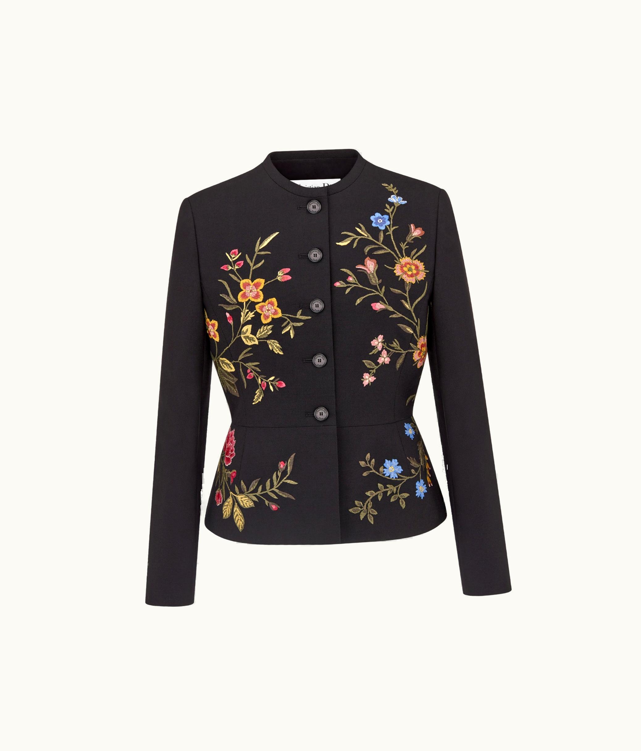 Dior Embroidered Jacket With Peplum - Black Wool And Mohair With Multicolor Raffia Dior Petites Fleurs Motif