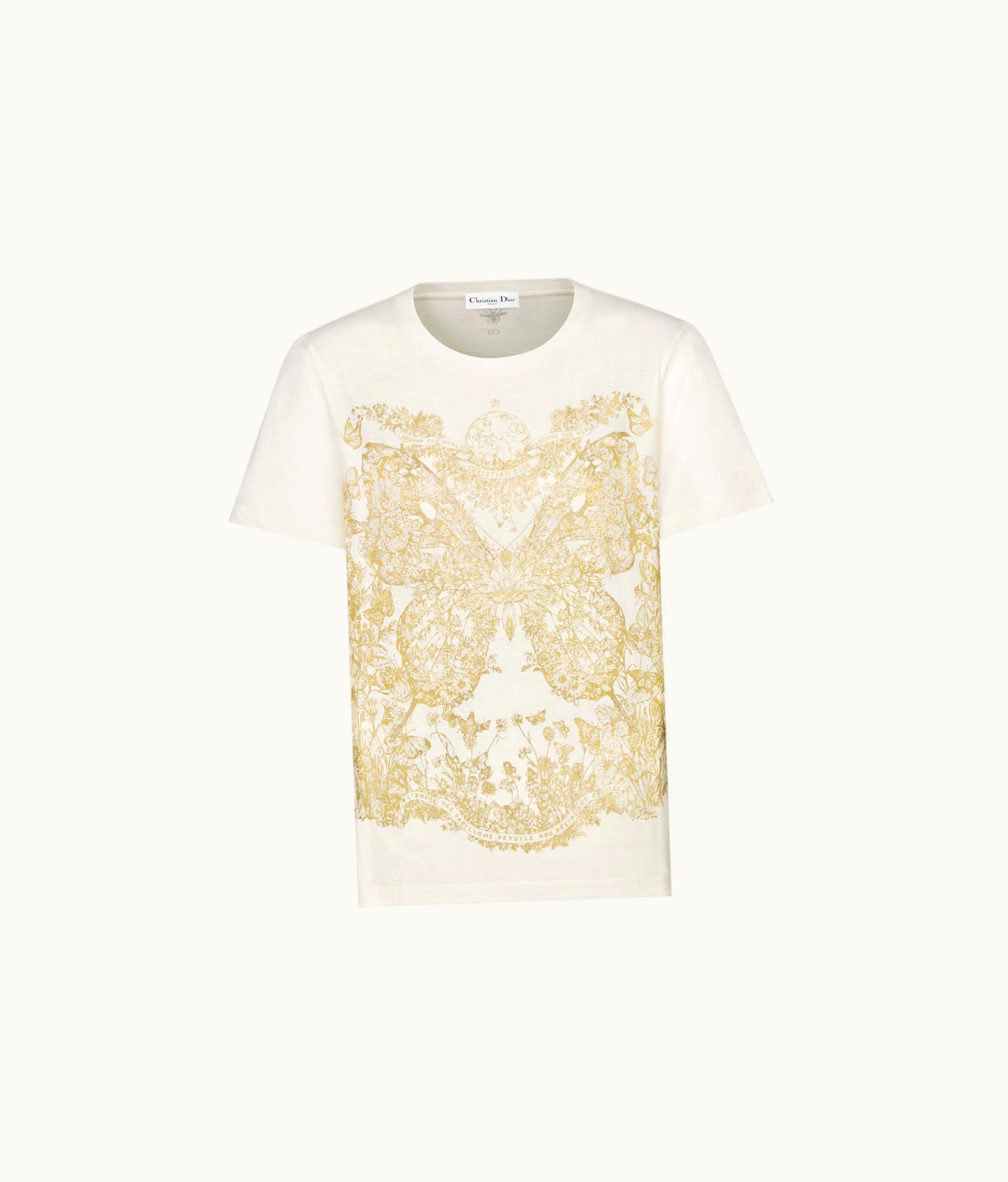 Dior Dior T-Shirt - White Cotton Jersey With Gold-Tone Butterfly Around The World Motif