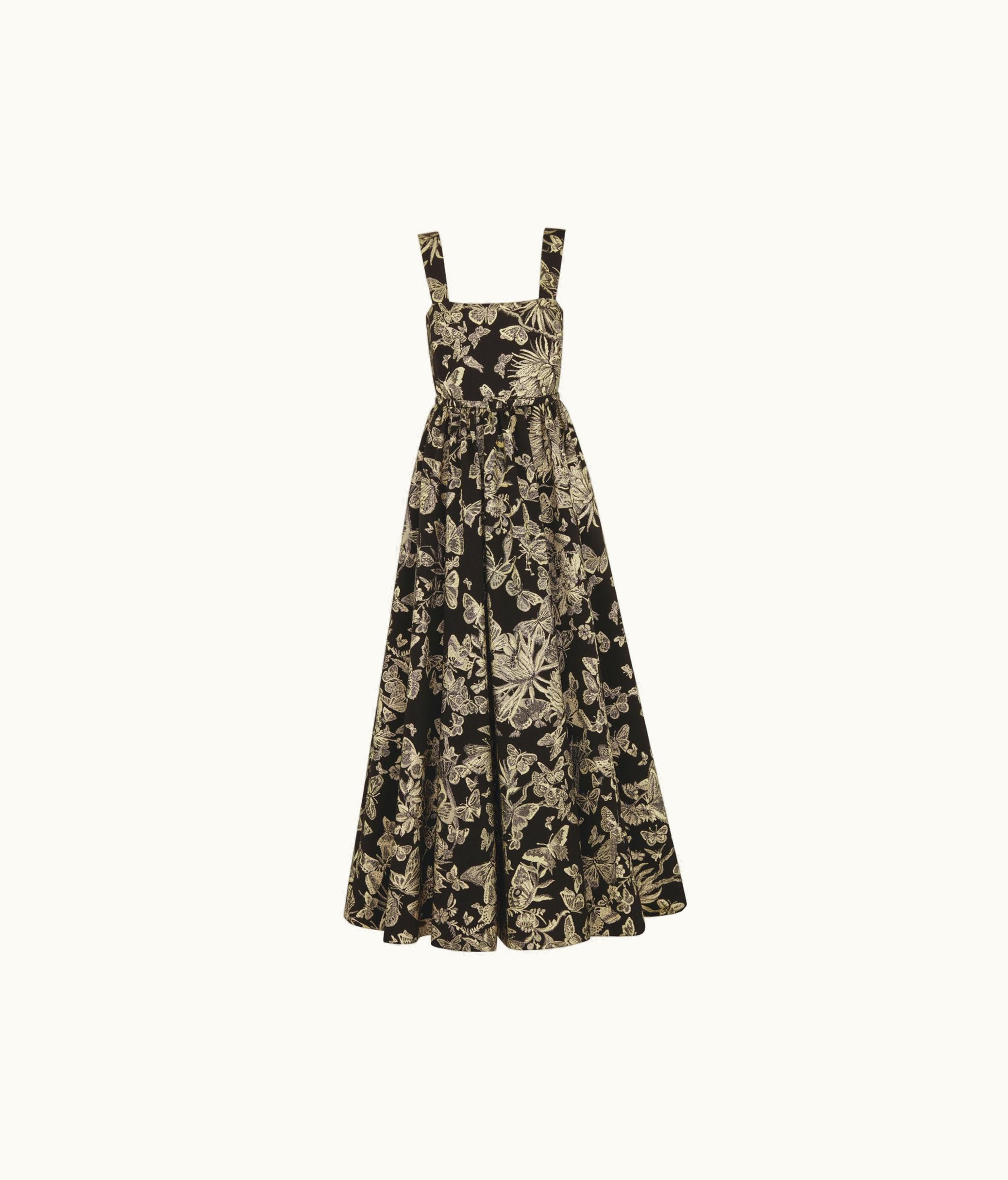 Dior Dior Long Belted Dress - Black Technical Jacquard With Gold-Tone Allover Butterfly Motif